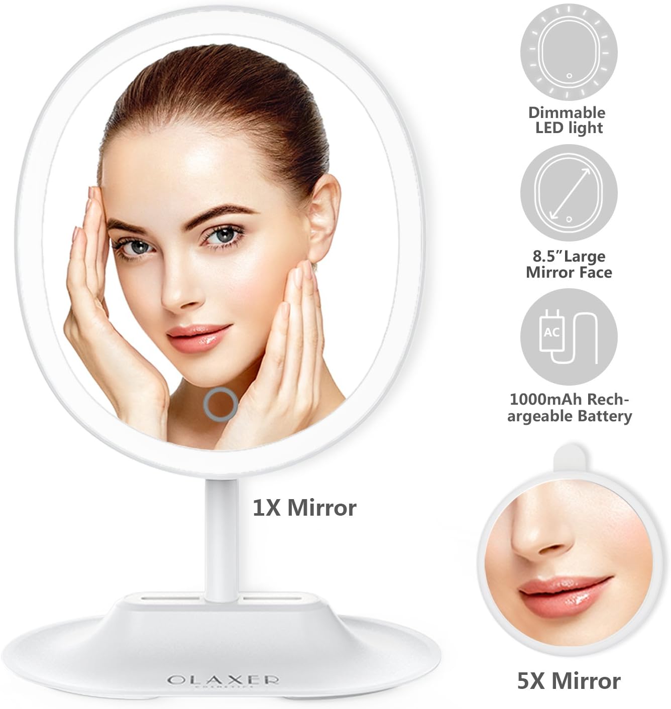 LED Makeup Mirror with 1X / 5X Magnification, USB Rechargeable Oval Vanity Mirror Touchscreen Dimmable LED Light for Countertop Cosmetic Makeup, White