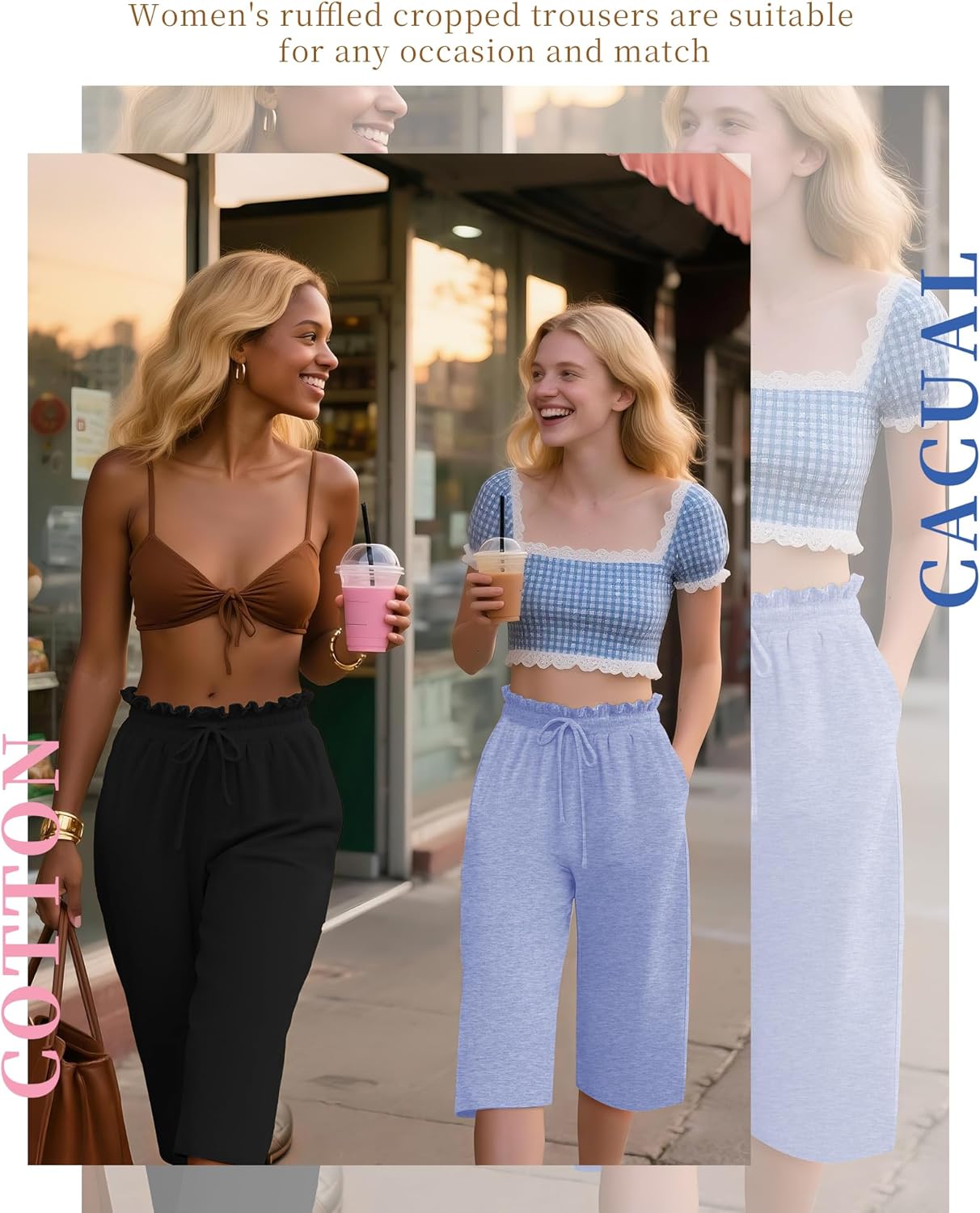 Neer 3 Pack Capri Pants for Women Cotton High Waisted Wide Leg Cropped Trousers Drawstring Ruffled Palazzo with Pockets - Image 6