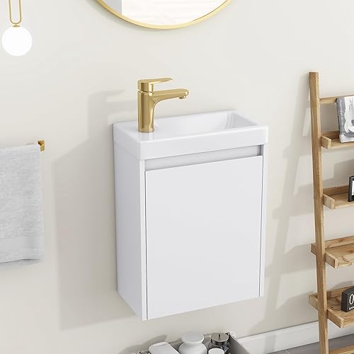 CuisinSmart Conjunto de tocador de baño de 16 pulgadas con lavabo, moderno armario de baño con puertas de cierre suave, juego de gabinete de baño
