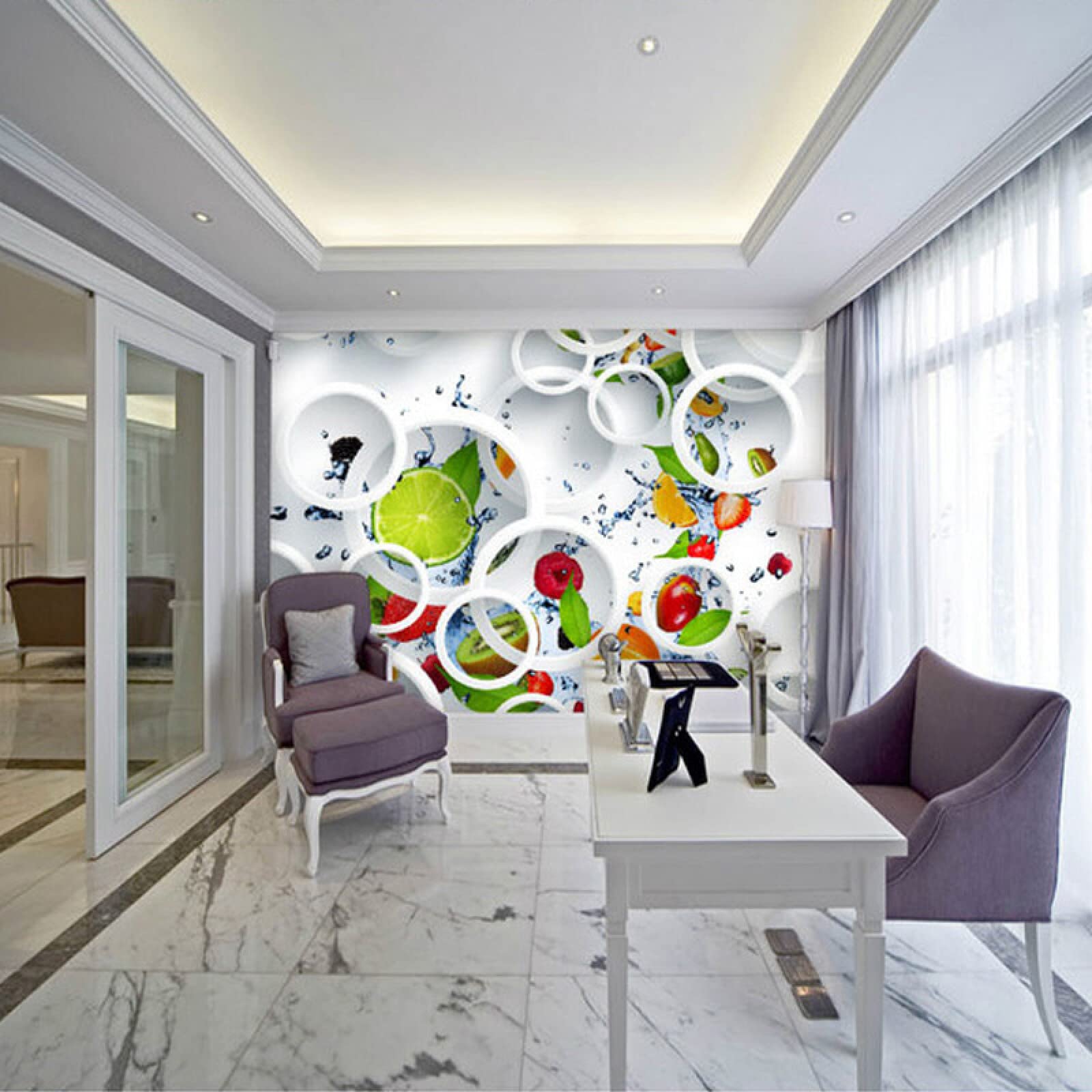 Carta Da Parati Murale Personalizzata Arte Astratta Moderna 3D Stereoscopico Cerchio Bianco Frutta Grande Pittura Murale Carta Da Parati Per Cucina Del Ristorante 430Cm(W)×300Cm(H)
