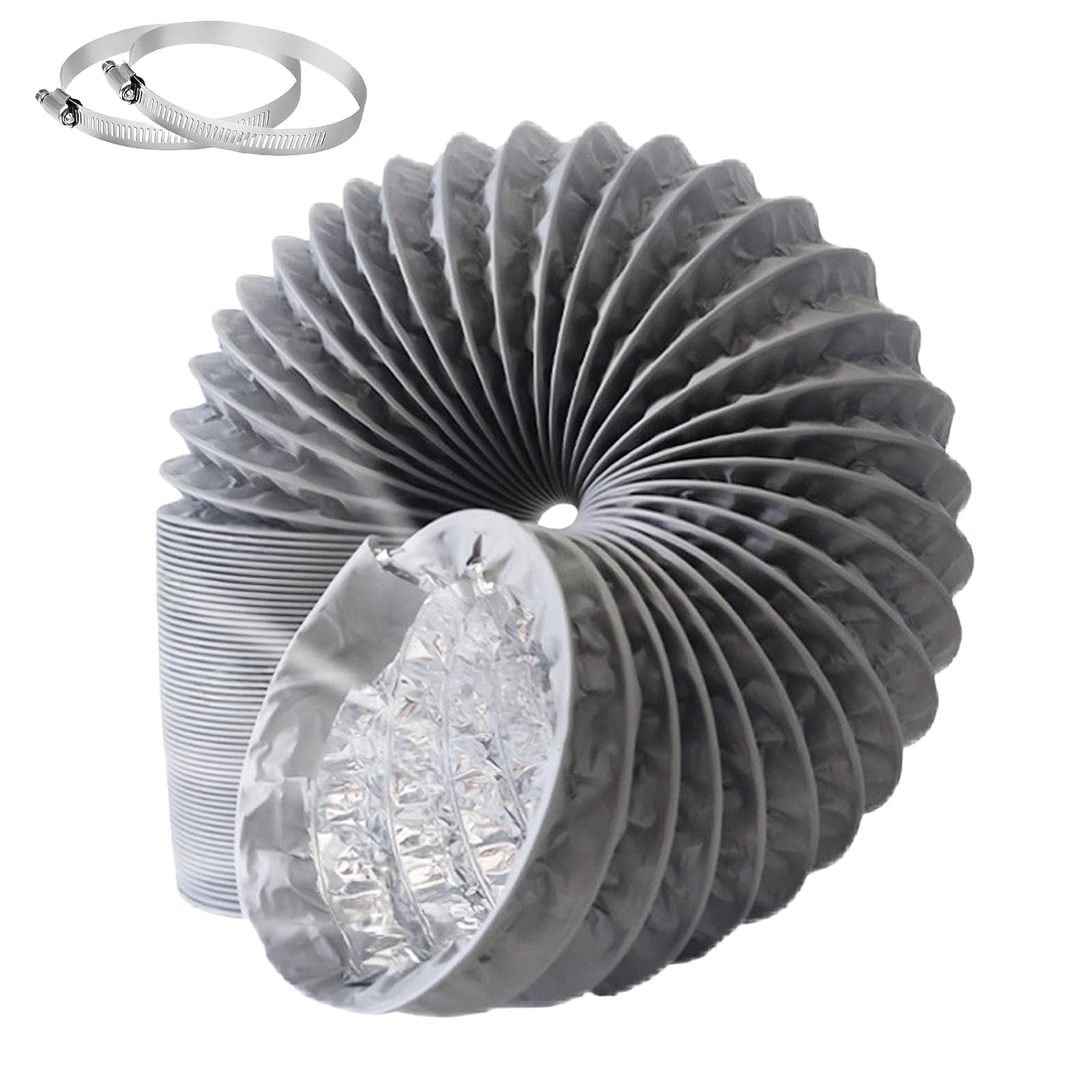 PVC Aluminium Foil Flexible Ventilation Ducting with 2 Clamps, 150mm*5M Air Ducting Tumble Dryer Vent Hose Black for Universal Tumble Drier, Cooker Hood, Extractor Fan（Grey）