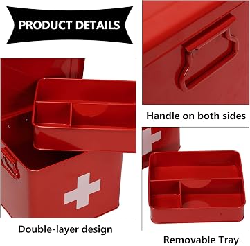 First Aid Kit, First Aid Medicine Supplies Bin - 2-Tier Metal Medicine Storage Tin, First Aid Box with Removable Tray for Home Emergency Tool Set-Red