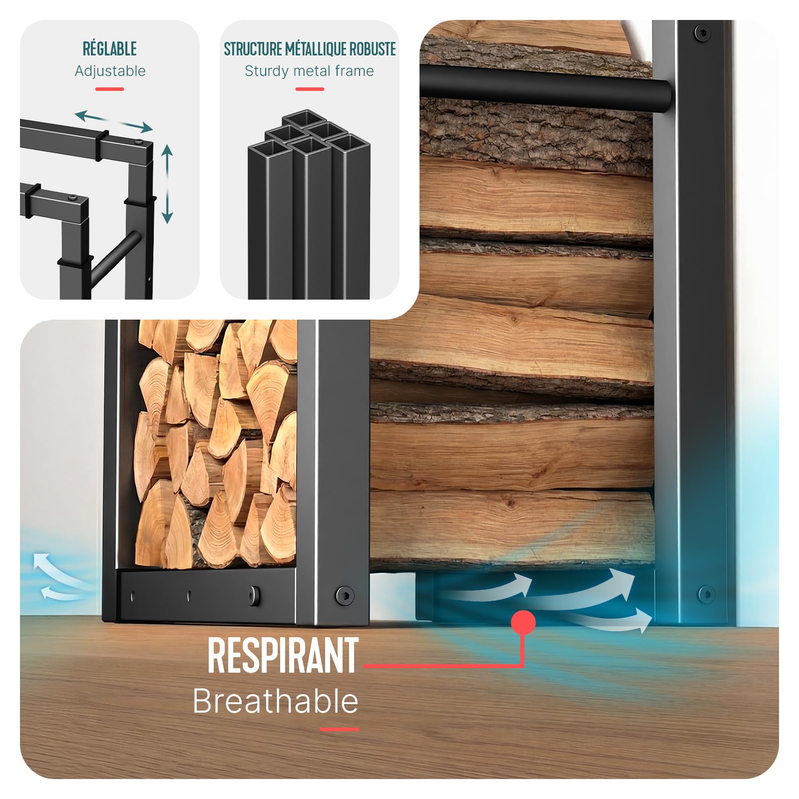 VOUNOT® Soporte de Madera, Estante de Registro de Chimenea, Leñera Registro de Leña, Soporte de Almacenamiento de Madera para Interiores y Exterior, Negro