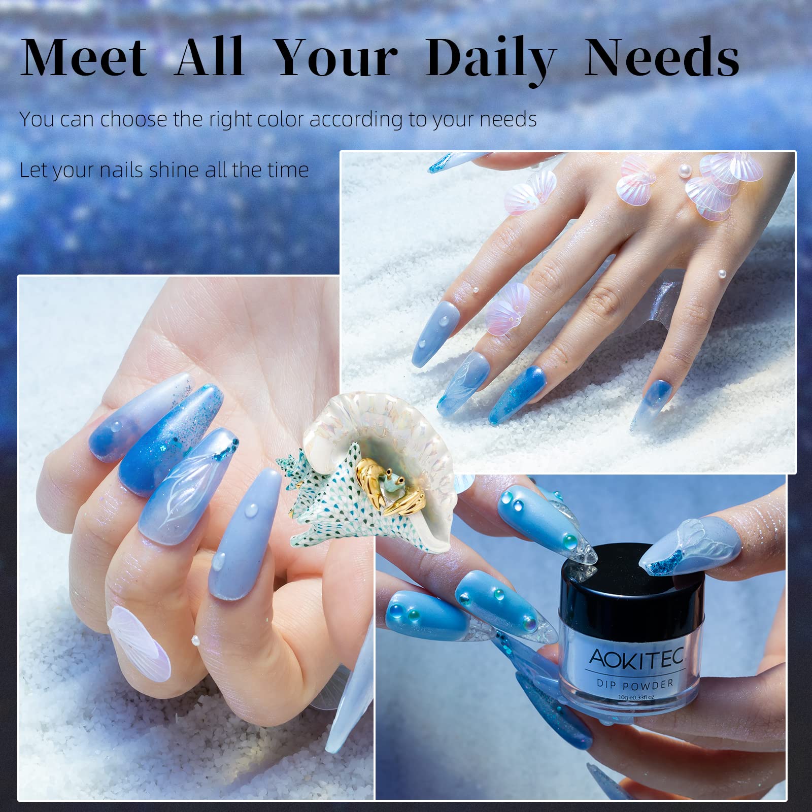 Aokitec 8 Colores Kit de Polvo de Inmersión de Uñas Arte de Uñas para Principiantes Bricolaje de Salón de Manicura en Casa sin Olor, sin Necesidad de Curado con Lámpara de Uñas