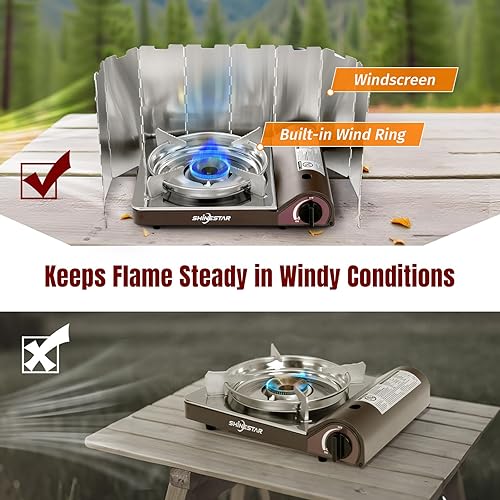 Miniatura 4 de SHINESTAR Estufa de butano de 14000 BTU para camping, doble protector contra el viento, estufa de butano portátil para camping, senderismo,