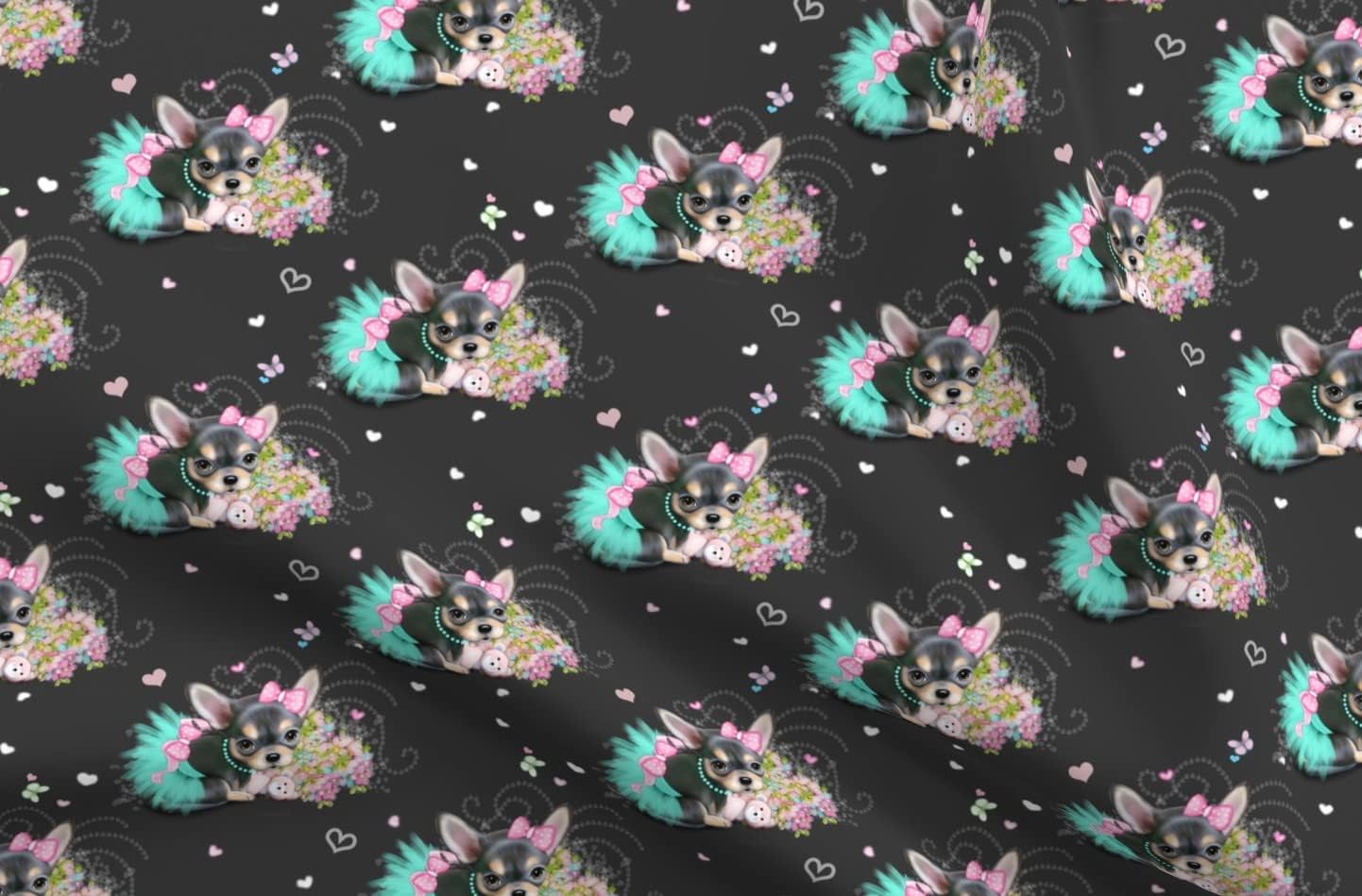 Spoonflower Fabric - Grey Chihuahua Black Dog Puppy Flowers Tutu Hearts Printed on Minky Fabric by The Yard - Sewing Baby Blankets Quilt Backing Plush
