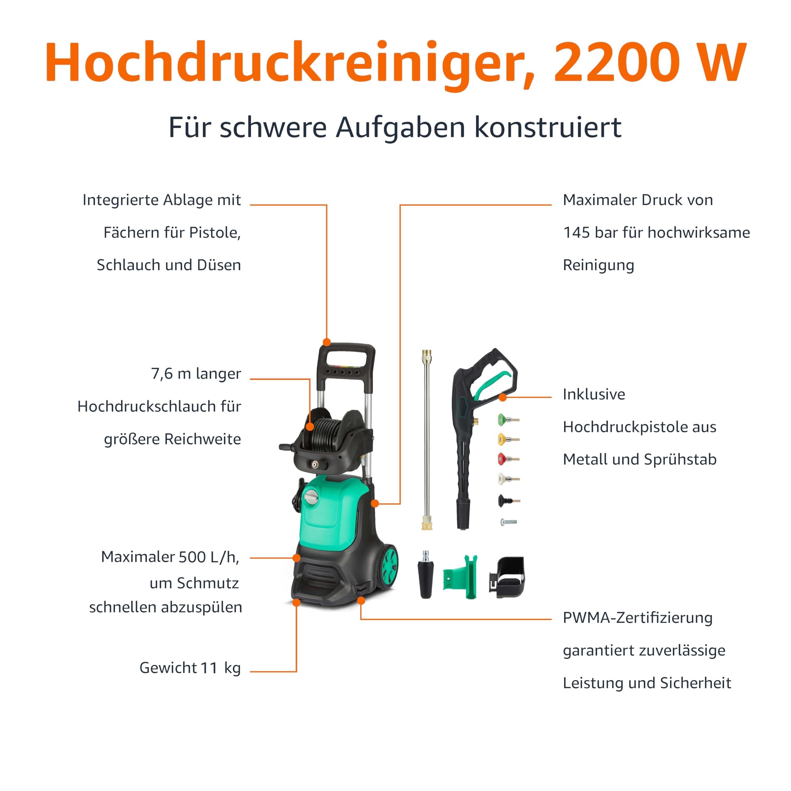 Amazon Basics Hochdruckreiniger mit Kabel, 2200 W, max. 145 bar, max Durchflussmenge: 500 l/h, grün