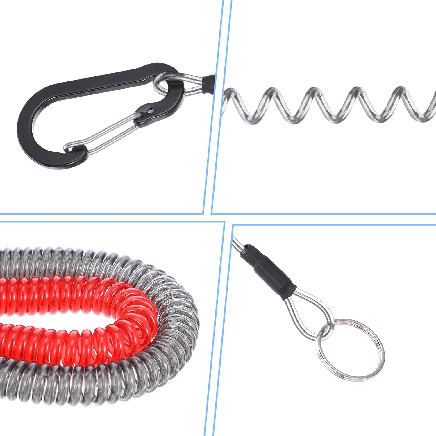 6 Pcs Retractable Safety Coiled Lanyard, Stretchy Stainless Steel Wire Coiled Lanyard Kayak Tool Leash Fishing Rod Safety Cord for Fishing Camping Hiking Boating(Black) - Image 3