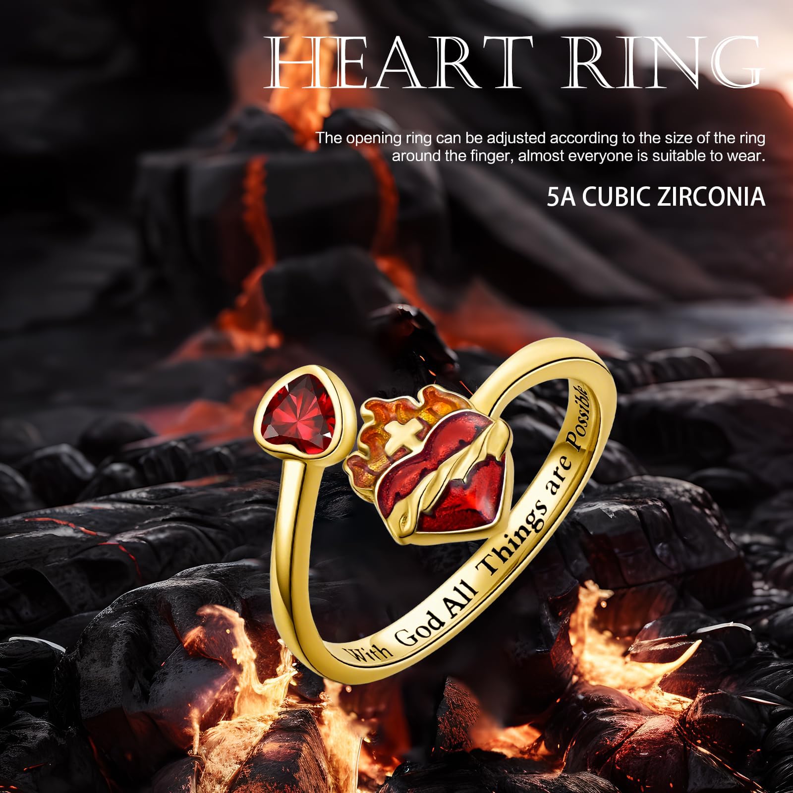 Anillo de corazón de plata de ley 925, anillo abierto ajustable de oro/negro/oro blanco, cruz de Jesús, anillos cristianos para mujeres y niñas, regalos de Navidad, Einheitsgröße, Plata de ley