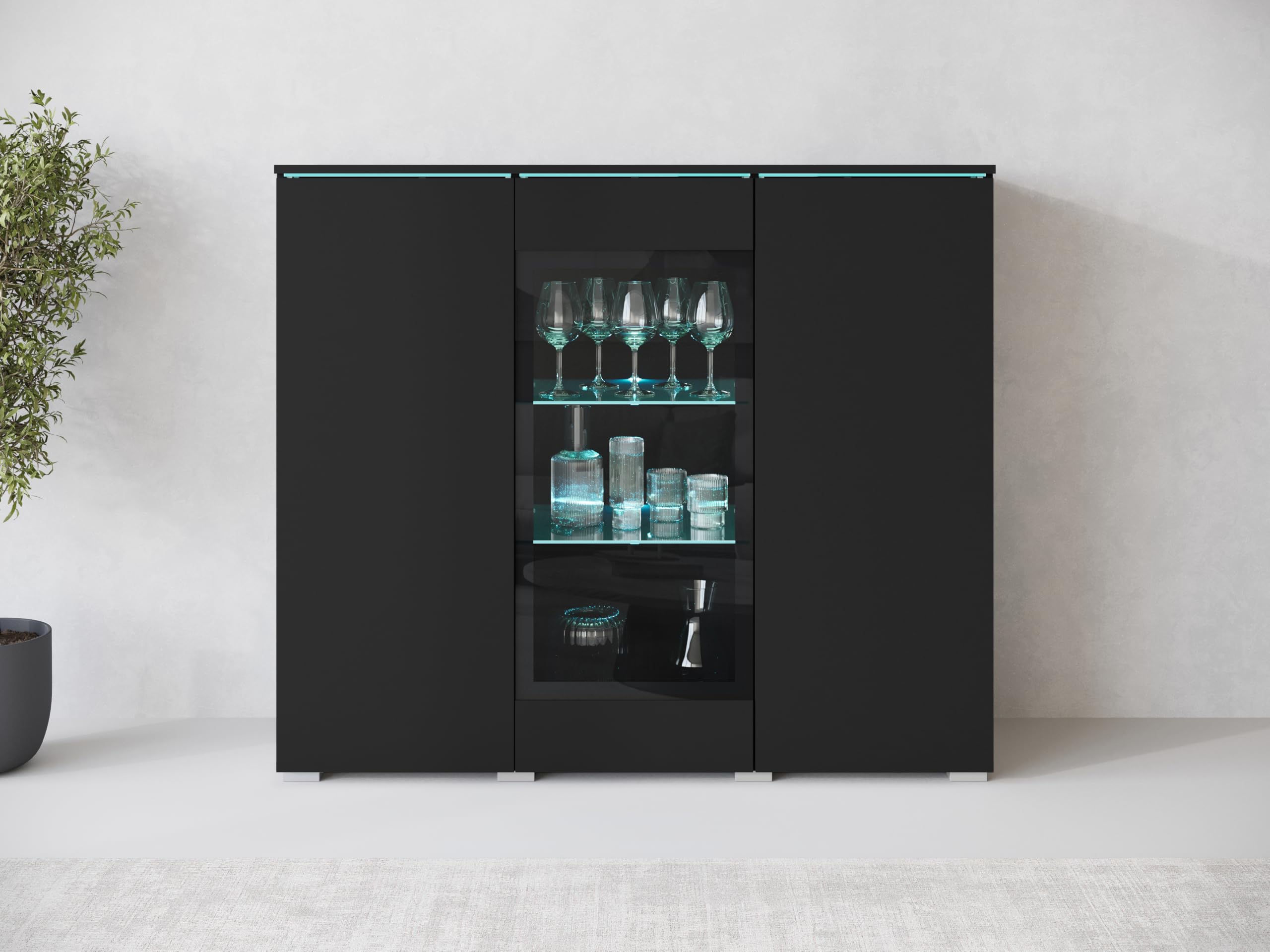 Vera 120 credenza per soggiorno, cassettiera, 3 porte, illuminazione a LED opzionale, armadio di stoccaggio (con LED, nero opaco)