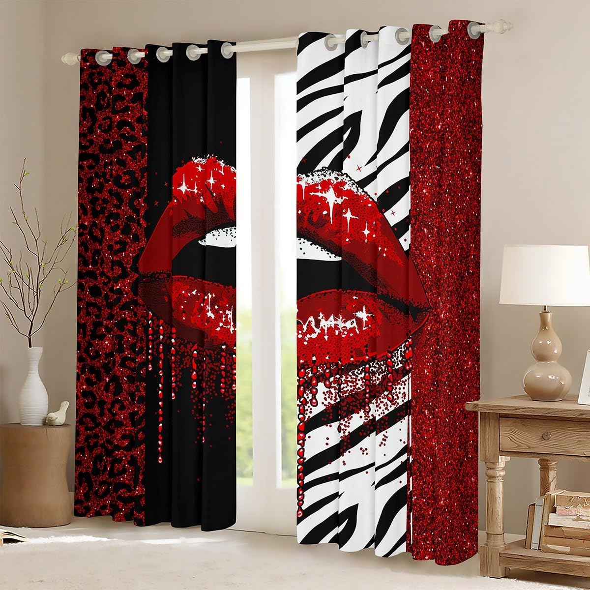 Manfei Red Lips Blackout Curtain Abstract Glitter Leopard Zebra Print Window Drapes for Kids Girls Room Decor, Wild Animal Skin Print Window Treatments Grommet Top 2 Panel Set Curtains, 52Wx63L inch