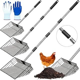 10 inch Large Chicken Poop Scooper for Poop With Glove 4 in 1 Multi-Func Heavy Duty Metal 25 to 74” Long Handle Chicken Coop Scoop Scooper for Sand Sifting Shovel for Chicken Coop Rake Cleaning Tools