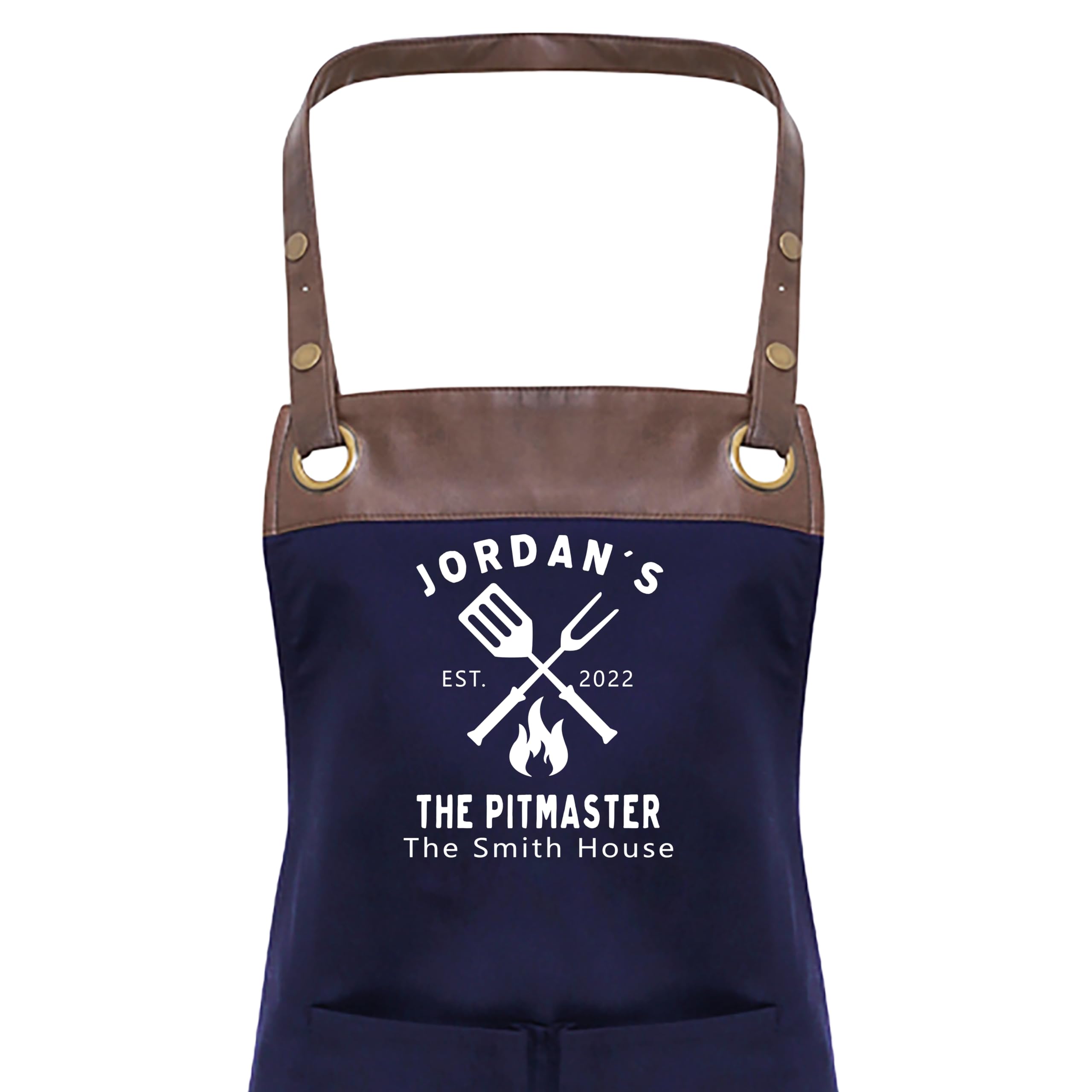 Personalised Faux Leather Apron, Barbeque Apron BBq Pit Master With Pockets Avalable in 4 colours Personalised Mens Apron (Blue Brown)