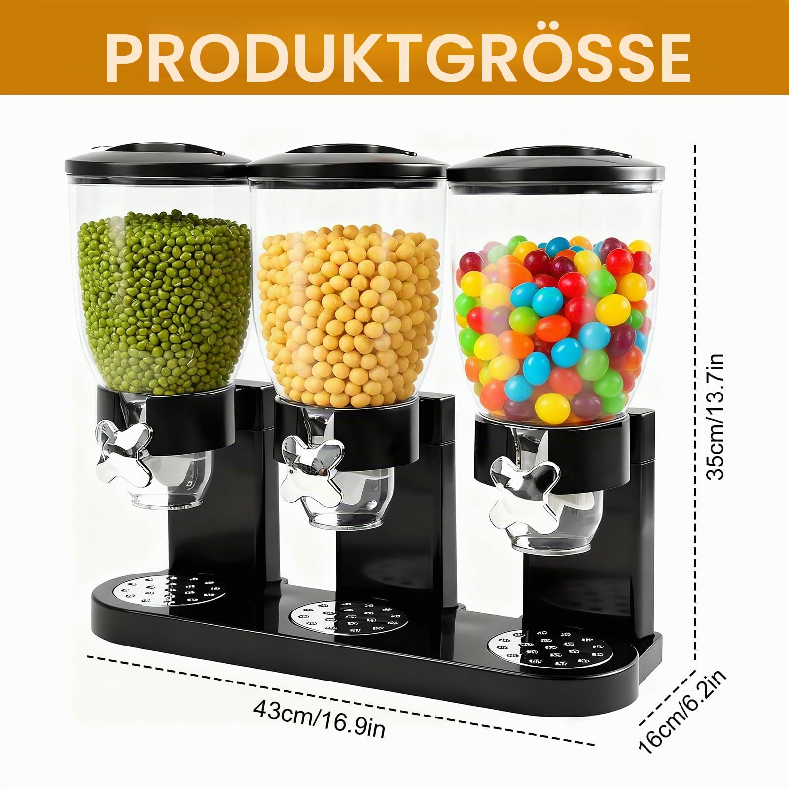 Cereal Dispenser 2L, Dreifacher Müsli Verteiler für die Arbeitsplatte, Müslispender 3er Set Luftdichte Behälter für Müsli, Reis, Körner, Süßigkeiten, Kaffebohnen