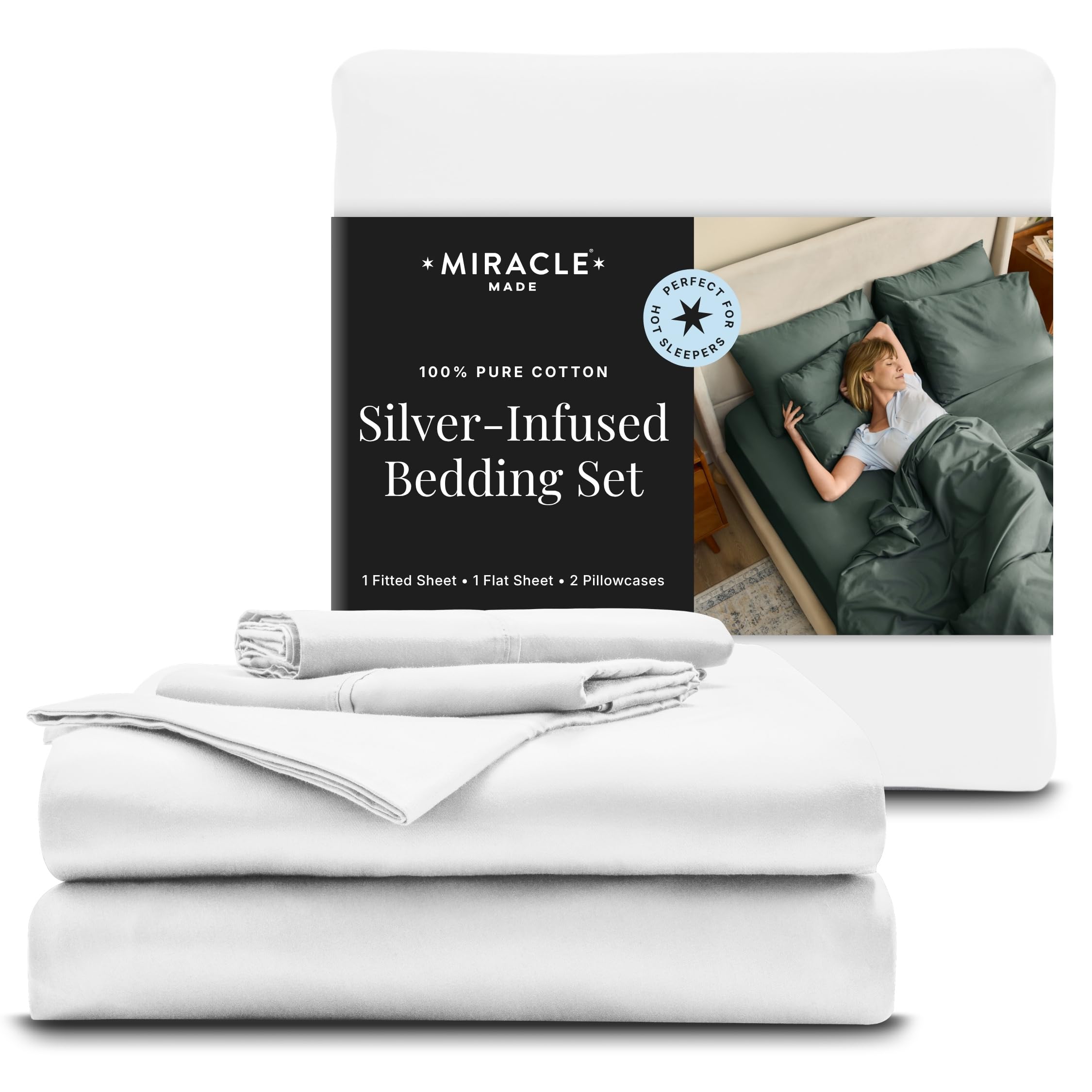 Photo 1 of Miracle Made Breathable Cotton Bed Sheets, 4-Piece Set – Silver-Treated, Soft and Cool-to-the-Touch Lightweight Bedding Designed for Hot Sleepers – King Size, White
