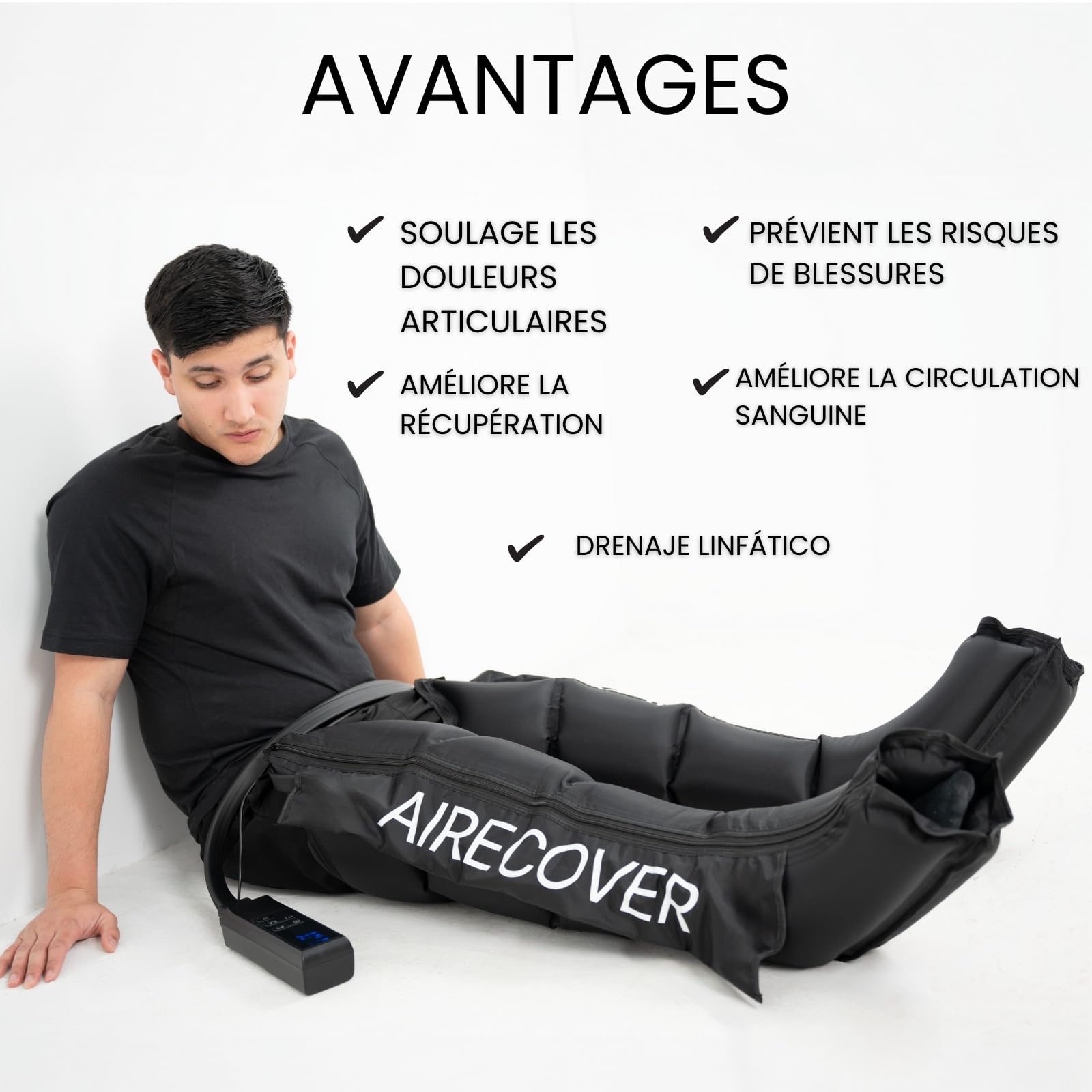 Pressothérapie à domicile, masseur pour jambes et pieds fatigués pour améliorer la circulation, récupération musculaire, drainage lymphatique, portable avec sac (M:170-182cm)