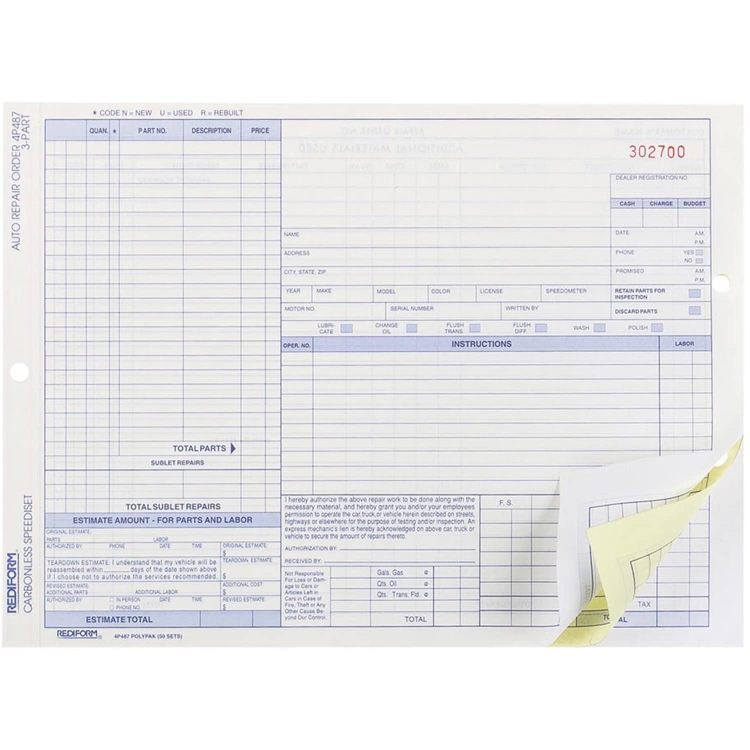Rediform Auto reparación para forma, speediset, 3 piezas, 50/PK, 8 – 1/2 "x11"