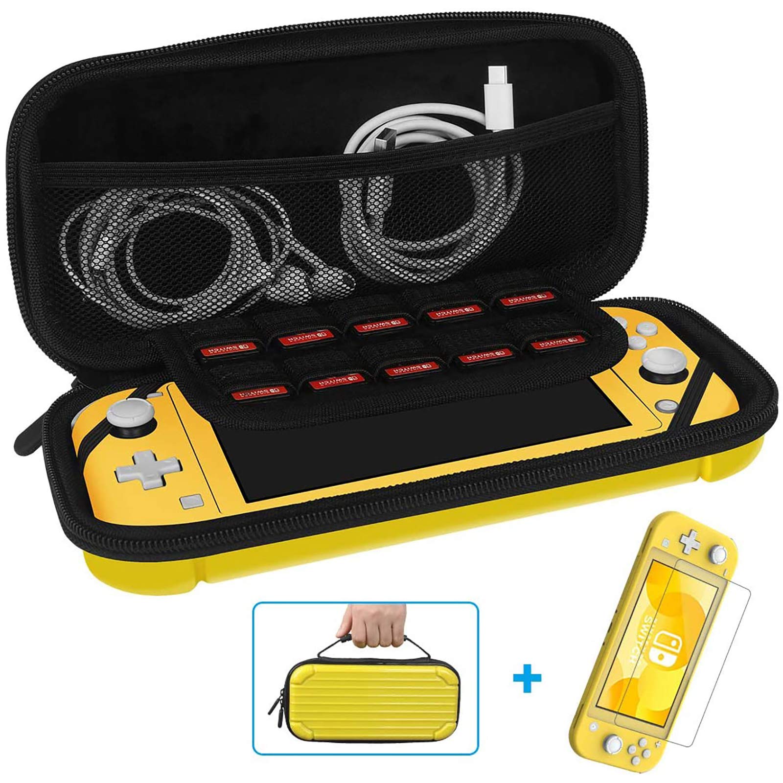 Carrying Case for Nintendo Switch Lite, Y Team Switch Lite Case with 10 Game Cartridge Storage Holders and 1 Tempered Screen Protector for Switch Lite Console and Accessories (Yellow)