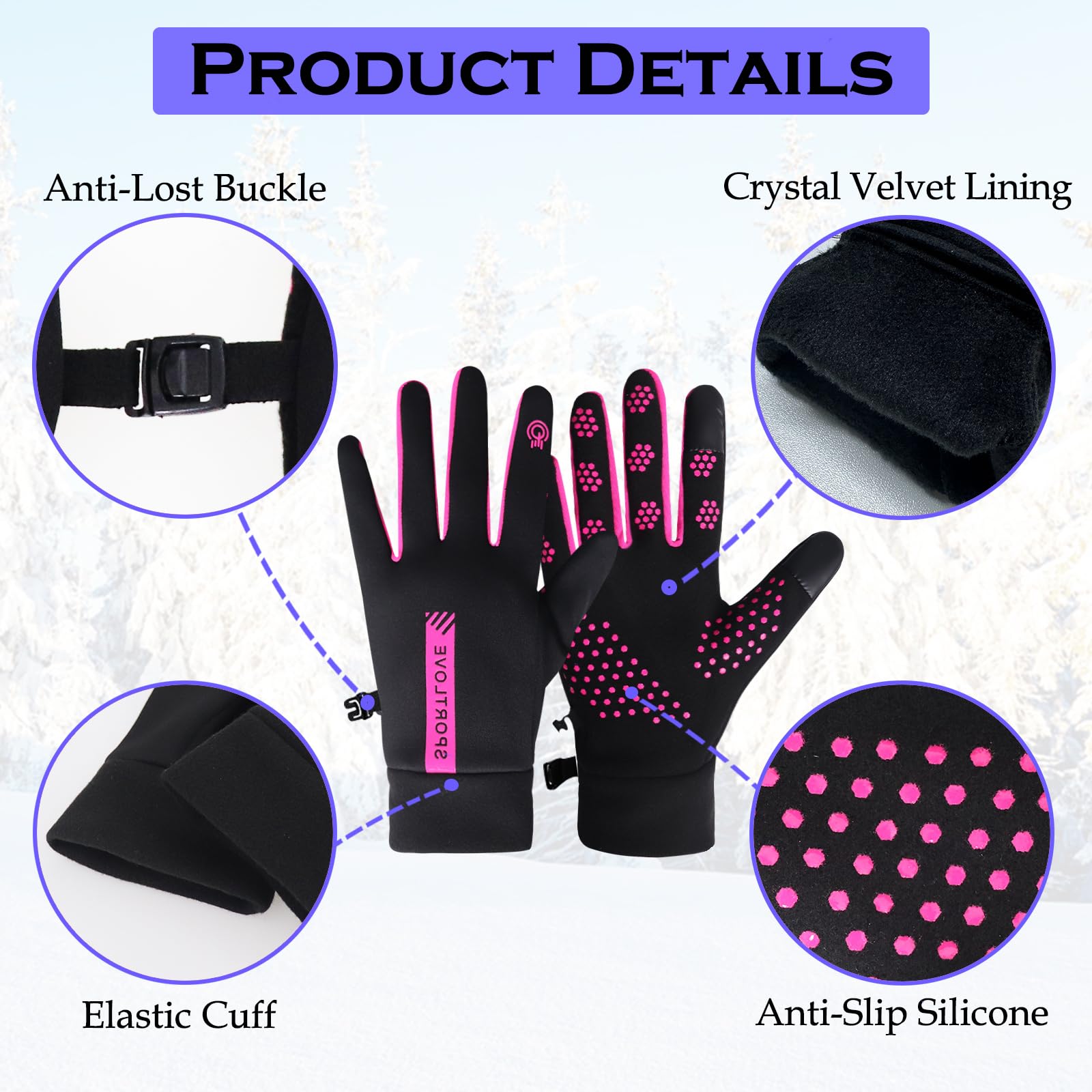 2 Pairs Winter Thin Thermal Gloves Waterproof Finger Touch Screen Non-Slip Cold Resistant Gloves Windproof Warm Winter Running Gloves for Womens Outdoor Sports,Cycling,Driving,Hiking — view 7