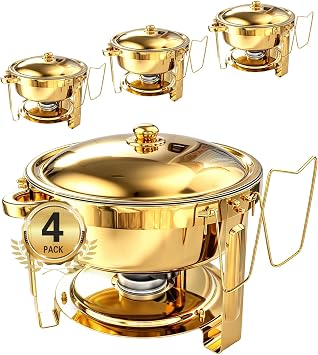 Beviliu Buffet Food Warmer Server - 4-Pack 6 Litre / 5.5QT Chafing Dish Set with Burners, Gold Warming Trays for Buffets, Catering, Parties & Weddings