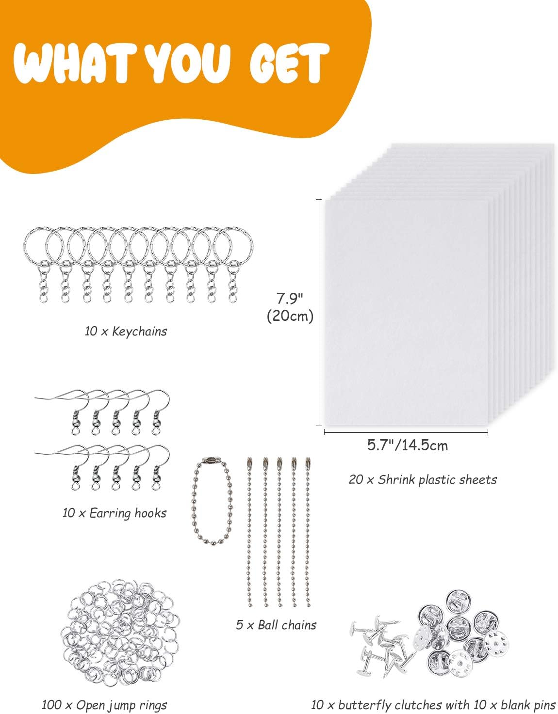 165ピース シュリンキーフィルムシート20ピースとメタルアクセサリー145ピース、シュリンクプラスチックシートセット子供部屋 クリ