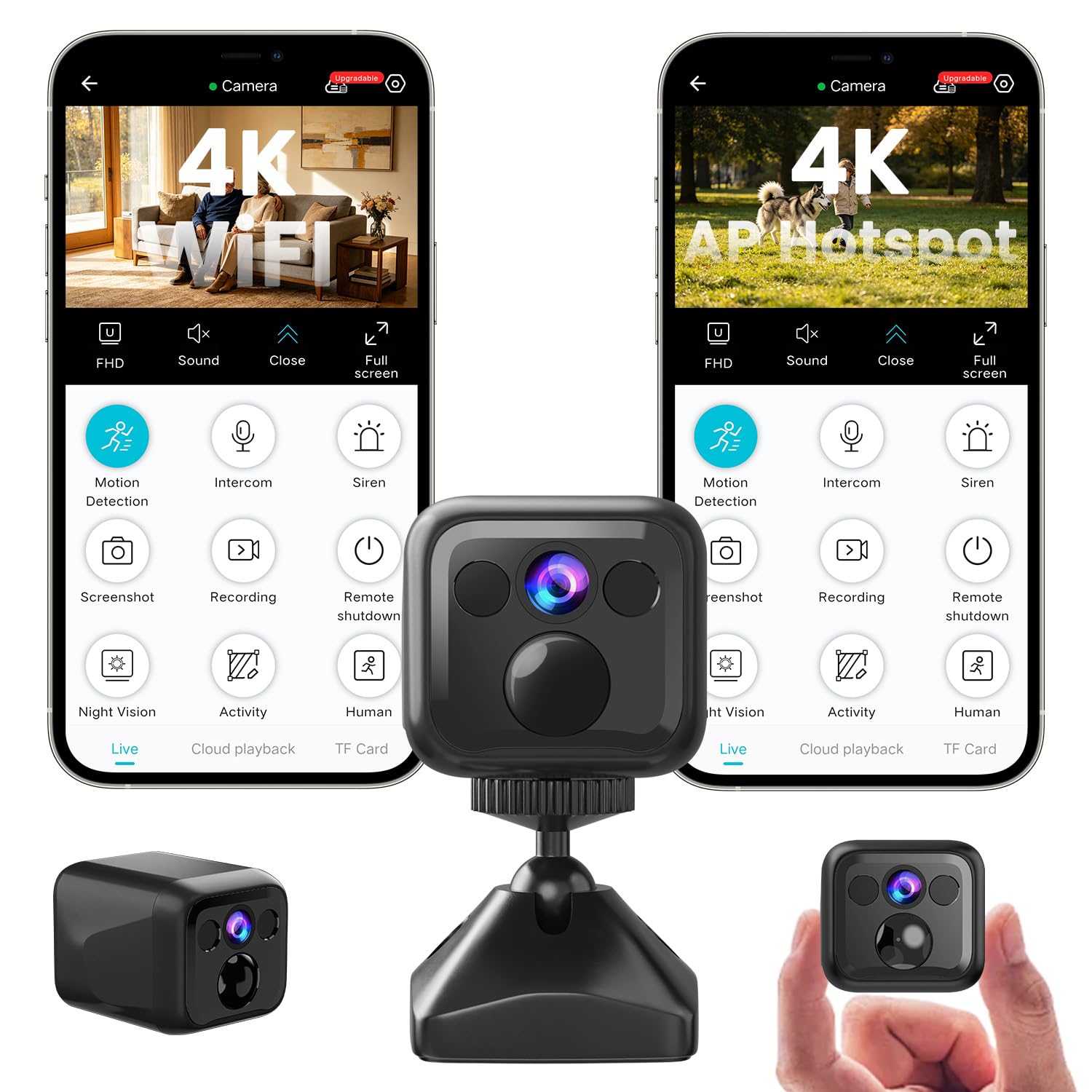 Mini Telecamera Spia ,4K Telecamera Videosorveglianza, WiFi o Modalità AP | Bassa Potenza, 160 Giorni di Standby, Visione Notturna Telecamera Senza Wifi per Interna/esterns/Casa, Nero