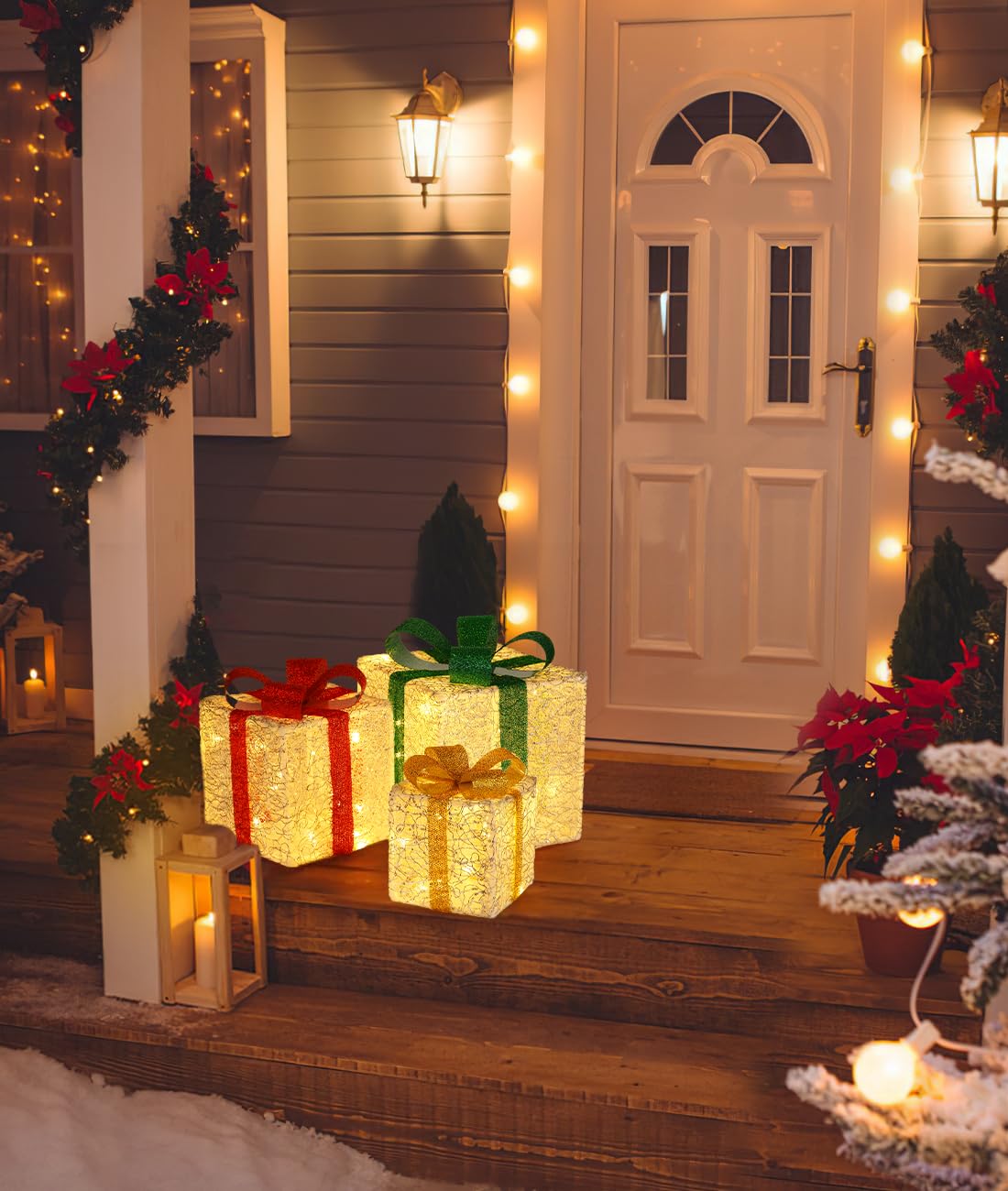Luxspire Natale Scatole Regalo Illuminate, 3 PCS Grandi Decorazioni per Interno ed Esterno, con Telecomando e USB Plug in, Regali Bianchi e Argento con Fiocchi, Decorazioni per Casa Veranda Prato