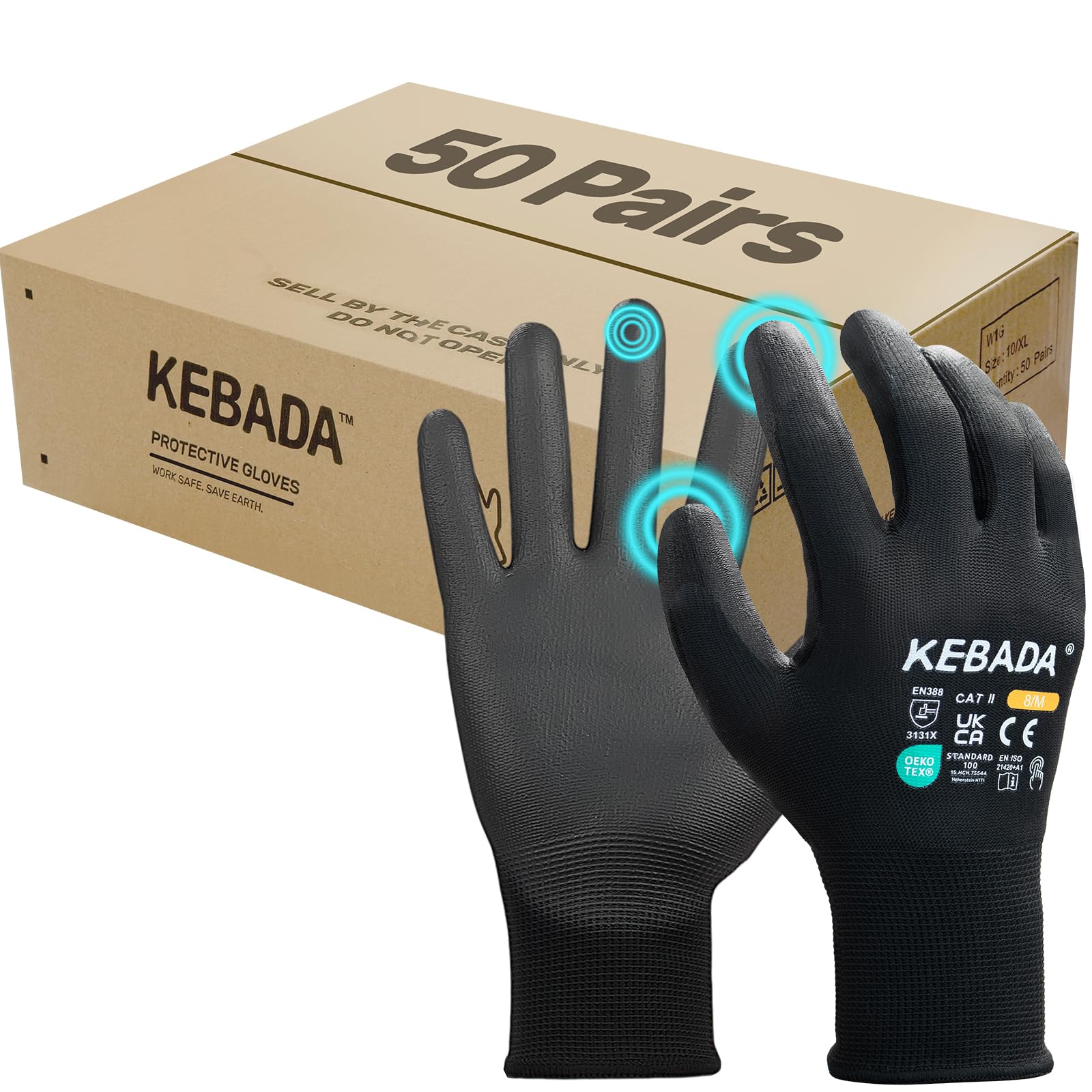 Kebada guantes de trabajo hombre y mujer táctiles, PU, W1, pack de 50 pares | Negro, talla 7/S, palmas de PU, tejido transpirable, agarre antideslizante para jardinería, mecánica y almacén