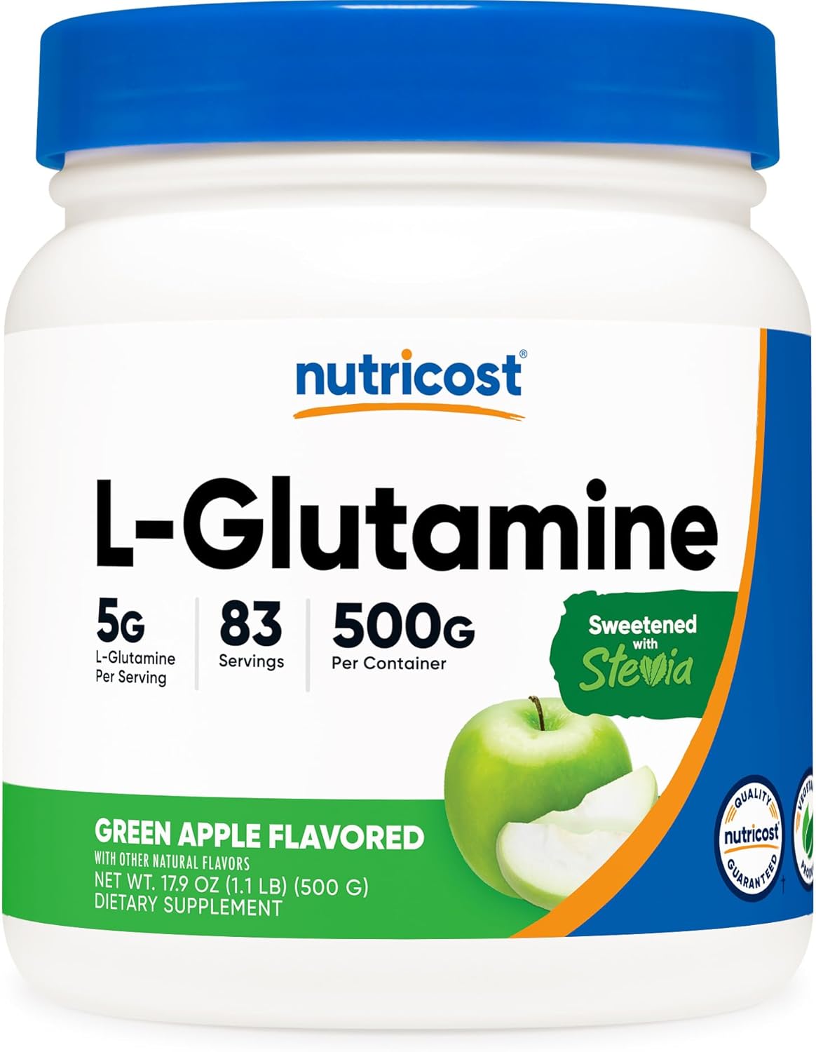 Nutricost L-Glutamine Powder Sweetened with Stevia (500 Grams, Peach Mango) - Supplement for Gut Support, 5 Grams of L-Glutamine Per Serving - Gluten Free, Non-GMO