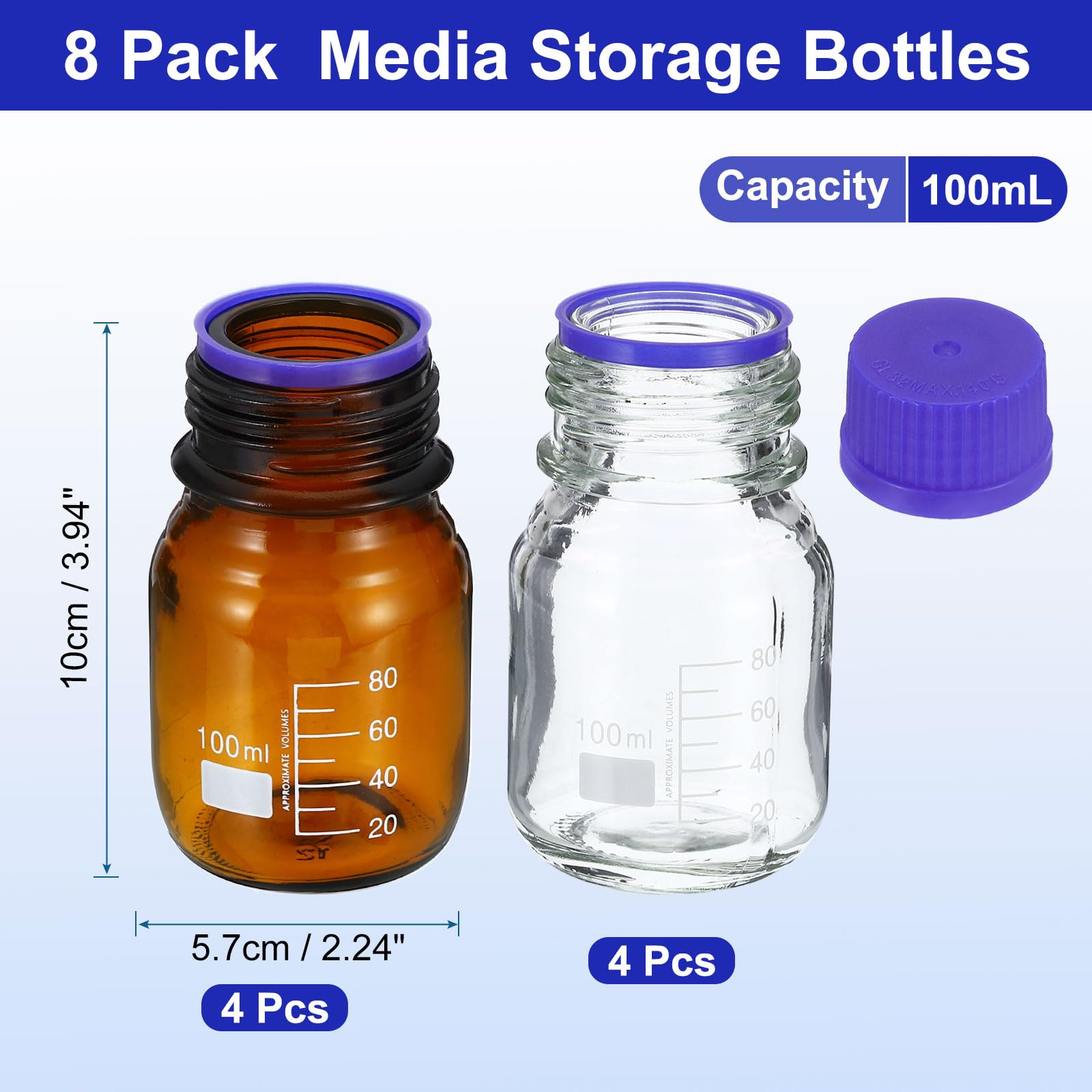 PATIKIL Flacone campione da 100 ml, confezione da 8 bottiglie per reagenti, in vetro borosilicato, rotonde graduate, con tappo a vite GL45 blu, per liquidi reagenti d'acqua di laboratorio, marrone
