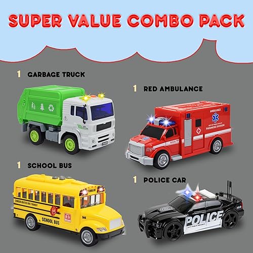 Miniatura 2 de Paquete de 4 ambulancias, camión de basura, autobús escolar, coche de policía, juguete de vehículos para niños pequeños Alimentado por fricción con
