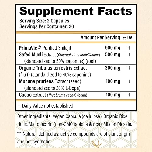 Miniatura 7 de CHOQ Diariamente con 500 mg PrimaVie Shilajit, Safed Musli, Tribulus - Energía natural, Libido y apoyo muscular - Suplemento diario para hombres, 60