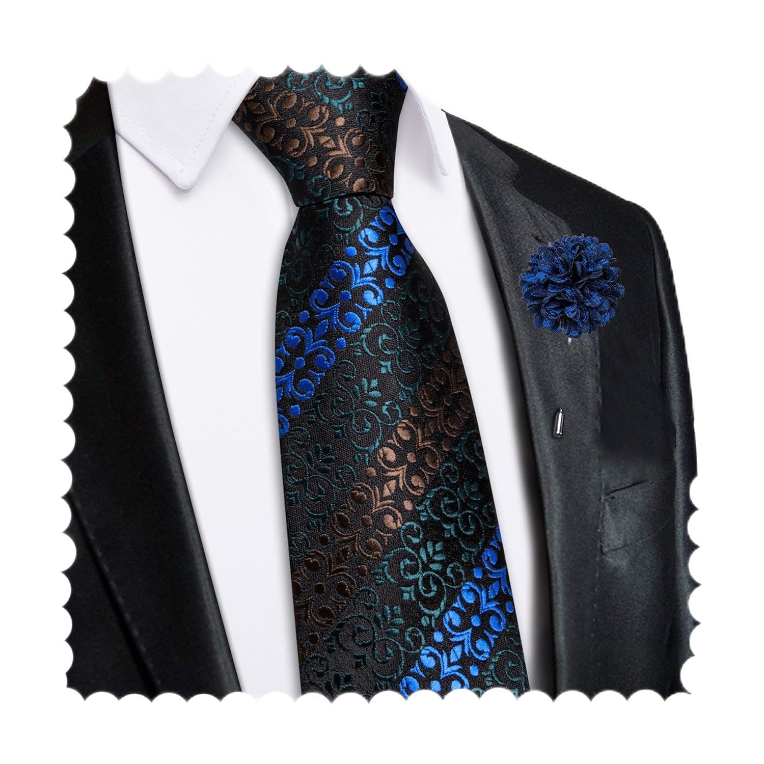 Hi-Tie Zipper Ties for Men Pre-tied Tie Set Lapel Pin Pocket Square and Cufflinks Formal Business Wedding Adjustable Necktie