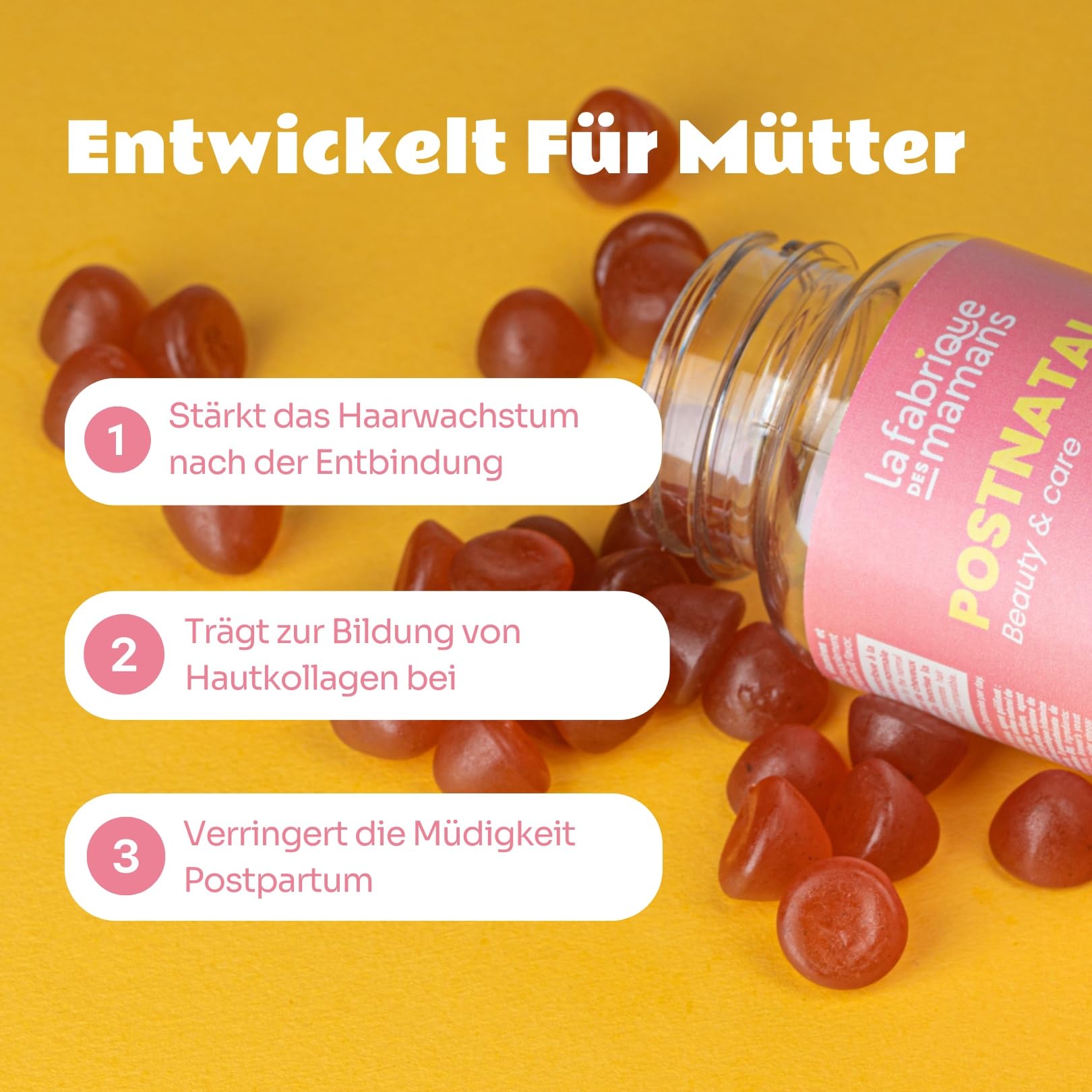 Wochenbett, Postnatal, Nahrungsergänzungsmittel nach der Geburt, Wachstum und Stärkung der Haare | Regeneration der Haut | 60 Gummies
