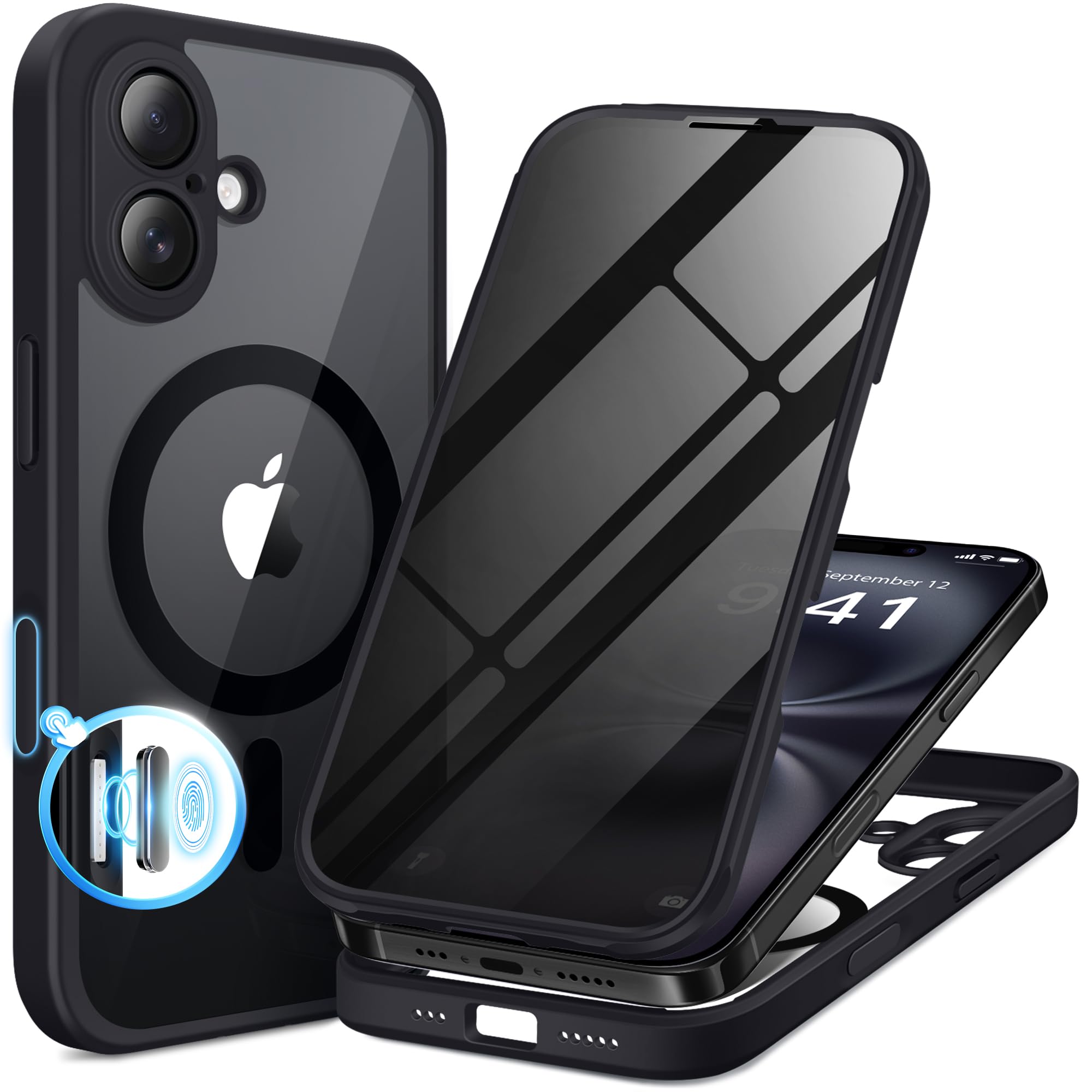 BERFY Magnetic for iPhone 16 Case, Compatible with MagSafe, Built-in Privacy Screen Protector and Upgraded Camera Protection, Anti-Spy Full Body Shockproof Phone Case for 16 6.1", Black