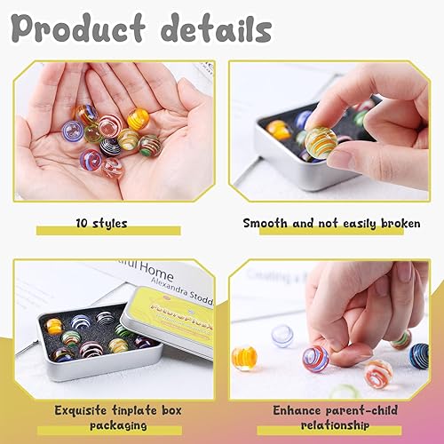 Miniatura 3 de POPLAY 10 canicas de vidrio a granel, canicas de vidrio coloridas en caja de hojalata, canicas de vidrio hechas a mano para coleccionistas, niños,