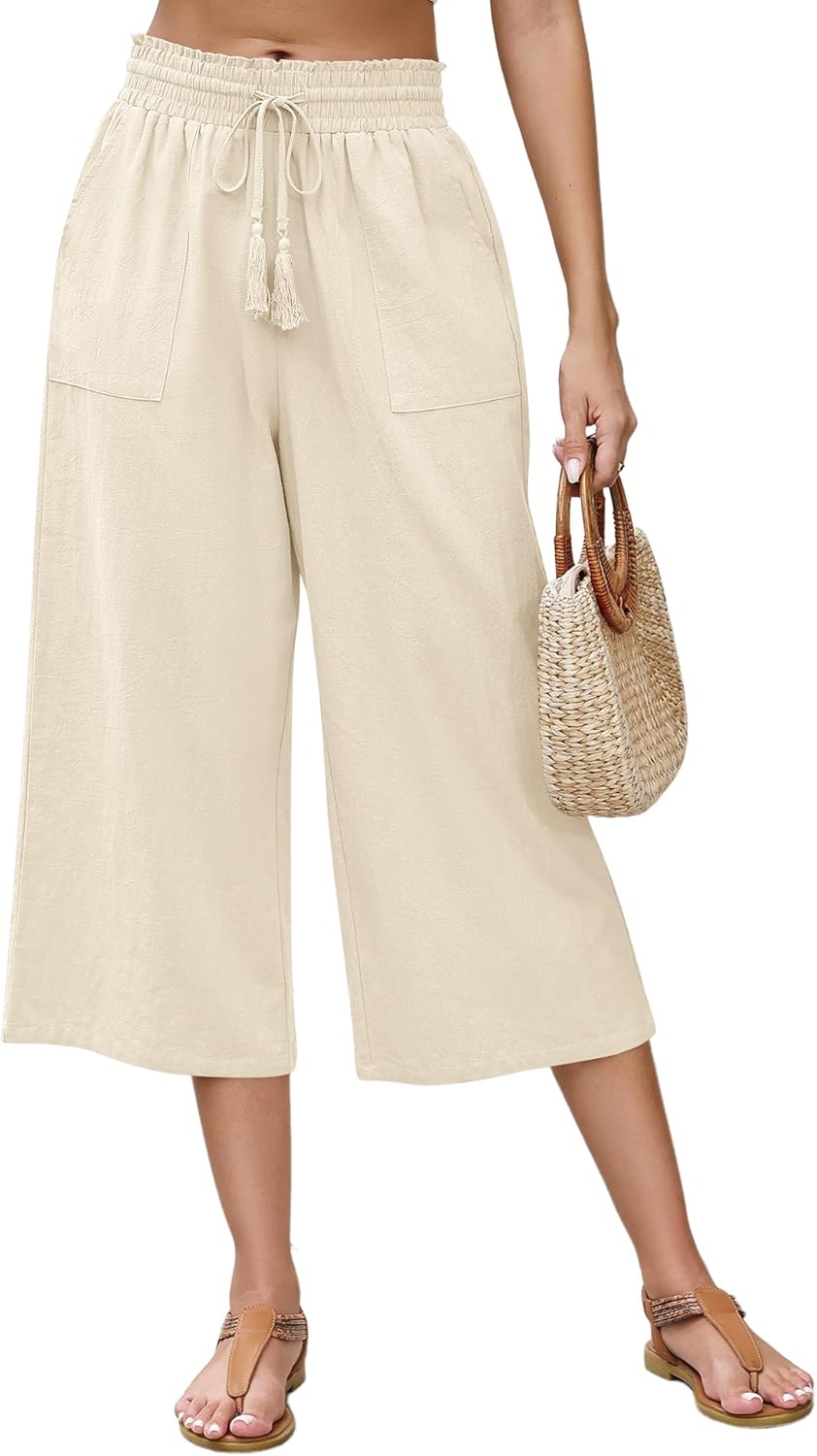 LOMON Women’s Linen Capri Pants Wide Leg with...