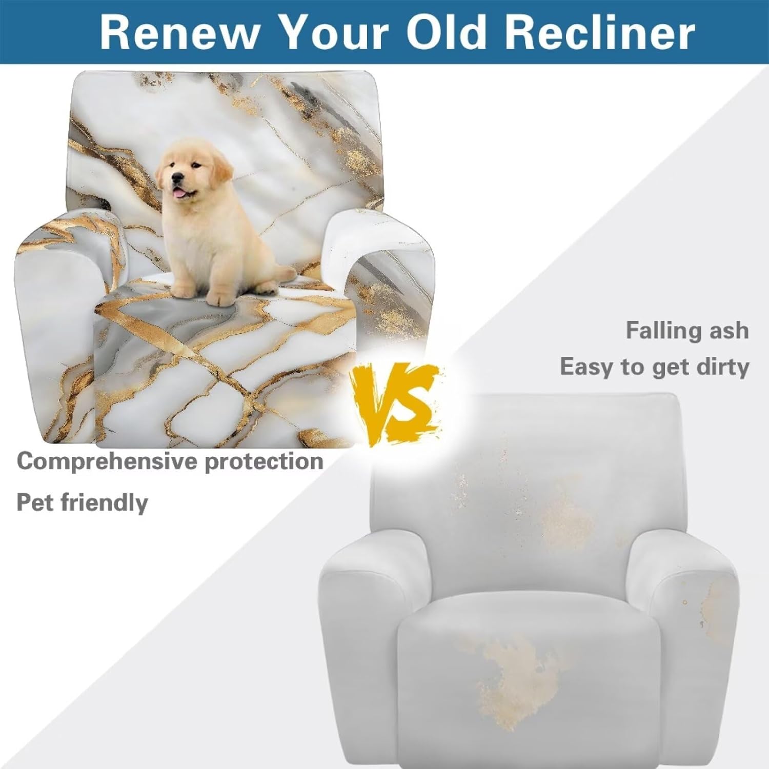 FOR U DESIGNS White Gold Marble Elastic Loops Stretch Recliner Slipcover Living Room Protective Covers for Reclining Chairs Universal Fit Prevents Scratches Home Decor