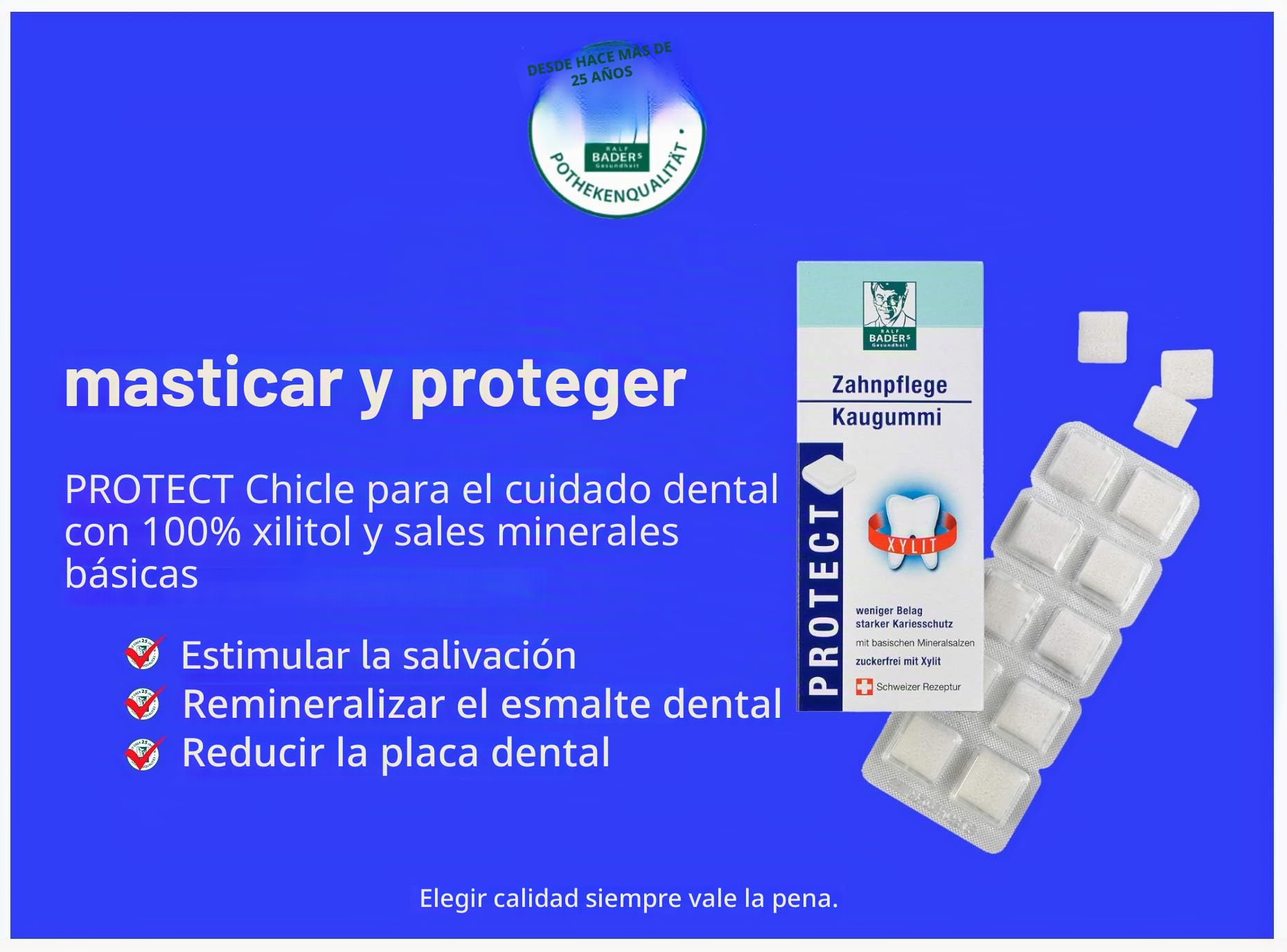 BADERs PROTECT los chicles dentales de la farmacia. Estuche con 24 paquetes. Cada paquete contiene 20 chicles cuadrados. Sin azúcar con xilitol