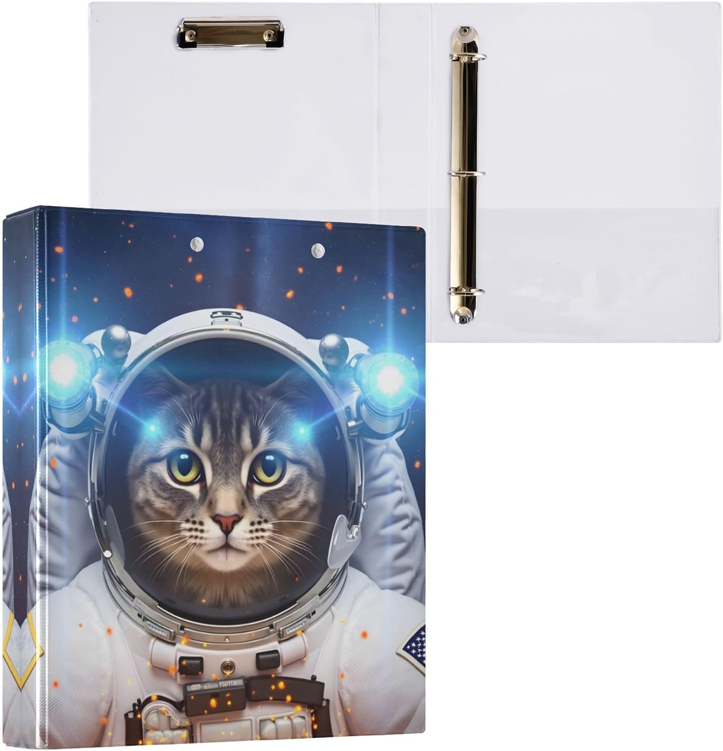 3 Ring Binder Cat Space Astronaut 1.5" Round Ring Binders View Binder with 200 Sheet for Kids School Supplies Women Men Office, 1 Pack