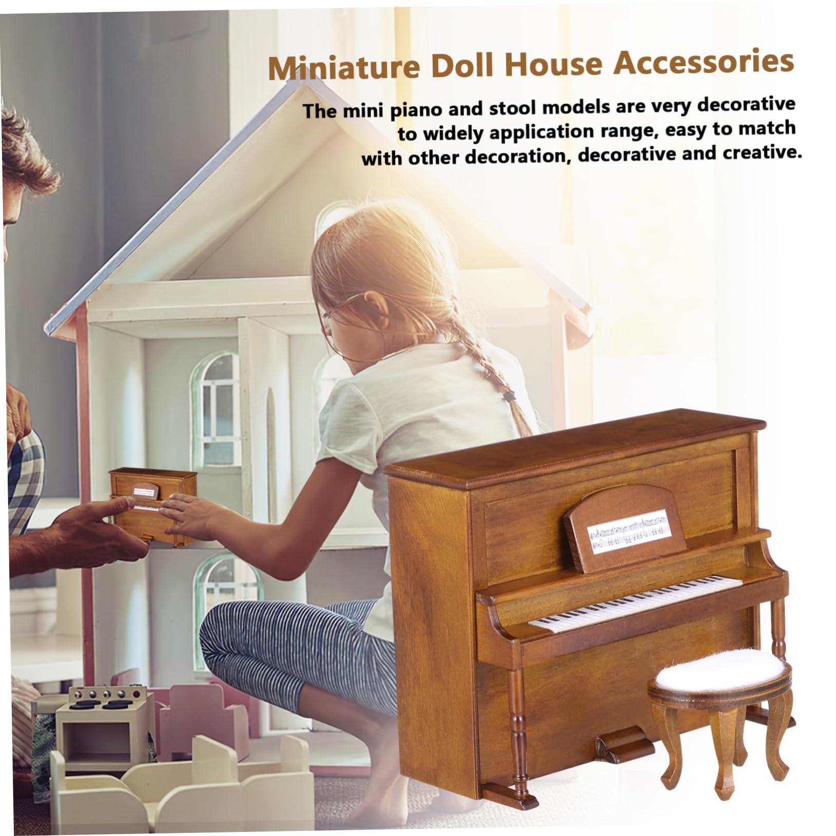 Vaguelly Miniature Dollhouse Piano and Stool Set 5.12X4.06X2.17 Inch Mini Furniture for Doll House Decor Creative Micro Landscape Accessories - Image 3