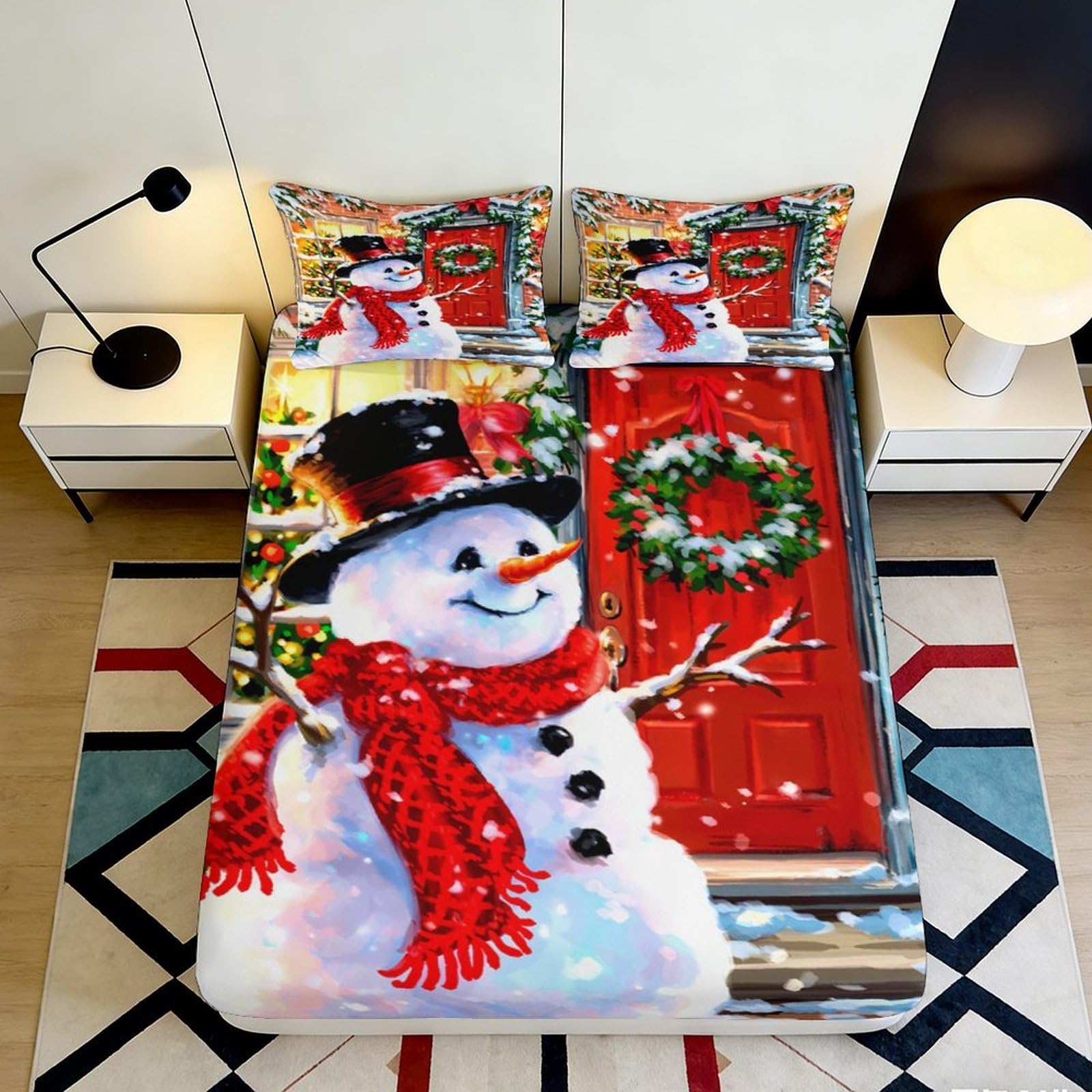 Uynsixtme Style-3 3D Printed Christmas Snowman Fitted Sheet Microfiber Elastic Hem For Bedroom Deep Pocket Xmas Snowman Mattress Fitted Cover Washable Full Wrap 200X200x25cm
