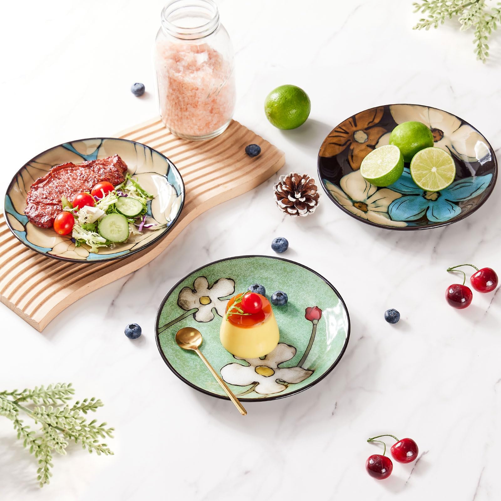 Keramik-Salatteller-Set, 21,6 cm, 6 Stück, für Steak, Salat, Nudeln, Vorspeisen, Servieren usw., spülmaschinen-, mikrowellen- und ofenfest, kratzfest, glatte Glasur (Mehrfarbig A, 21,6 cm)