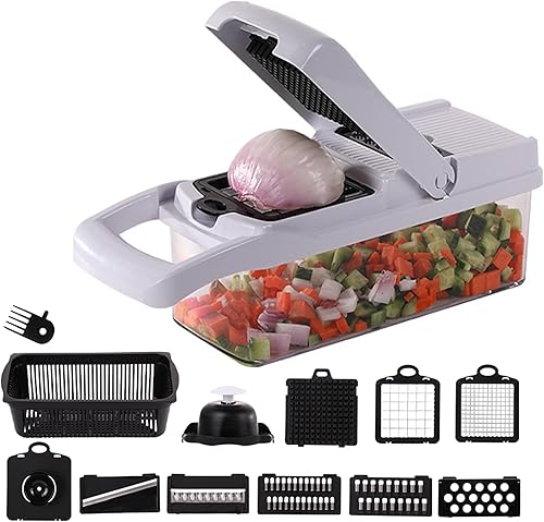 Vegetable Chopper: 10 in 1 Food Chopper - Onion Vegetable Slicer Cutter Dicer, Veggie Cutter with Container, 7 Blades, Kitchen Gadgets for Carrot Salad Garlic Potato Slicer (Black/White)