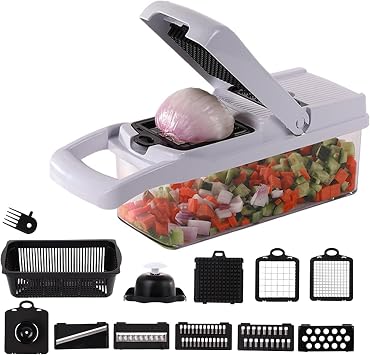 Vegetable Chopper 10 in 1 Food Chopper - Onion Vegetable Slicer Cutter Dicer, Veggie Cutter with Container, 7 Blades, Kitchen Gadgets for Carrot Salad Garlic Potato Slicer Black/White