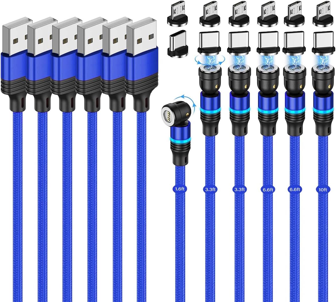 磁気充電ケーブル (6本パック、1.6+3.3+3.3+25+25+10フィート) 540&deg;回転マグネット 携帯電話充電器 USB
