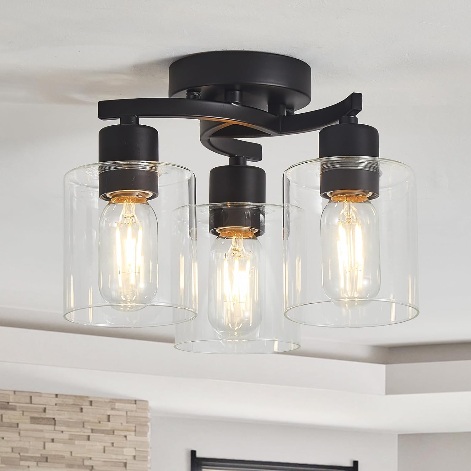 3-Light Ceiling Light, Semi Flush Mount Ceiling Light Fixture, Kitchen Lighting Fixtures Ceiling, Farmhouse Black with Clear Glass Shade for Foyer Hallway Entryway