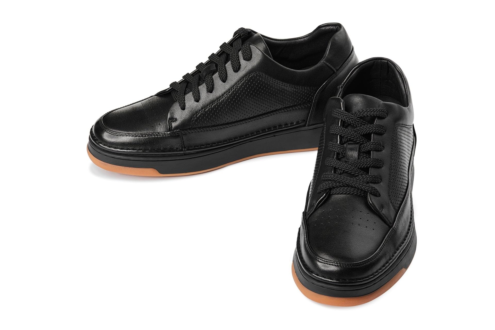CALTO Zapatos de elevación Invisibles para Hombre con Aumento de Altura – Zapatillas de Cuero de Primera Calidad con Cordones – 2.6 Pulgadas más Altas, Suela Negra de Goma Negra, 41 1/3 EU