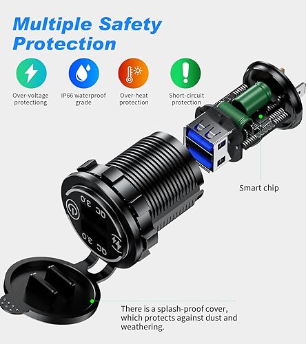 Miniatura 3 de Paquete de 2 toma de carga rápida 3.0 con cargador USB dual, toma USB impermeable de 36 W, carga rápida con interruptor táctil y kit de bricolaje