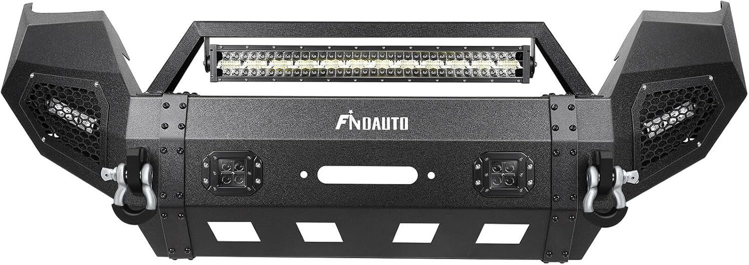 FINDAUTO Front Bumper Fit for 2016-2020 for TOYOTA for TACOMA Upgraded Textured Black Rock Crawler Bumper with D-ring and Winch Plate,with LED Lights